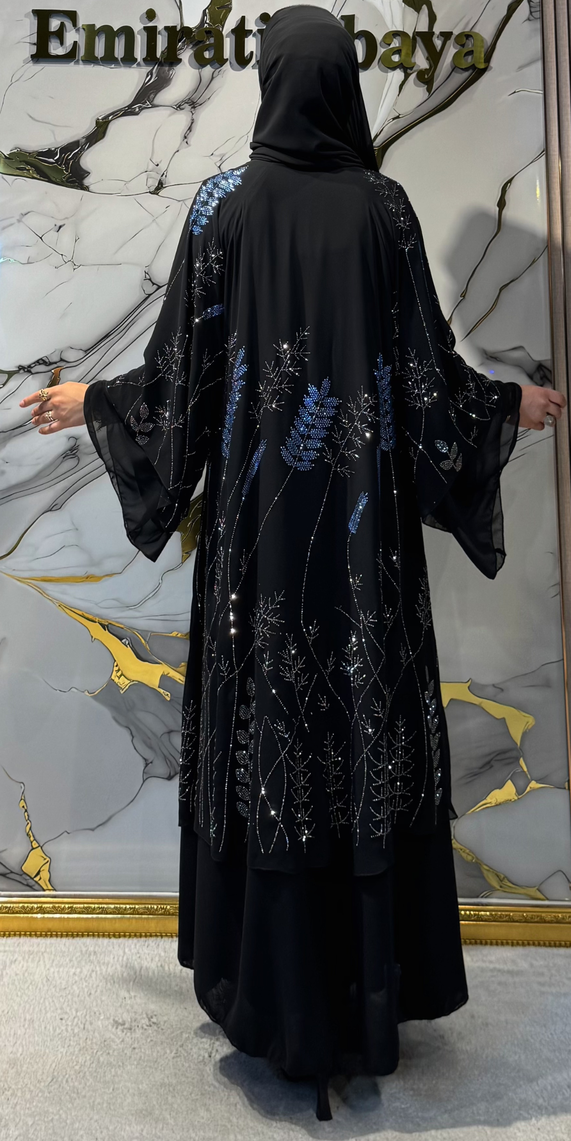 Hematit Mavi Taşlı Dal Yaprak Motifli 2 Katlı Siyah Şifon Abaya – Şallı Takım | LY51 HSB