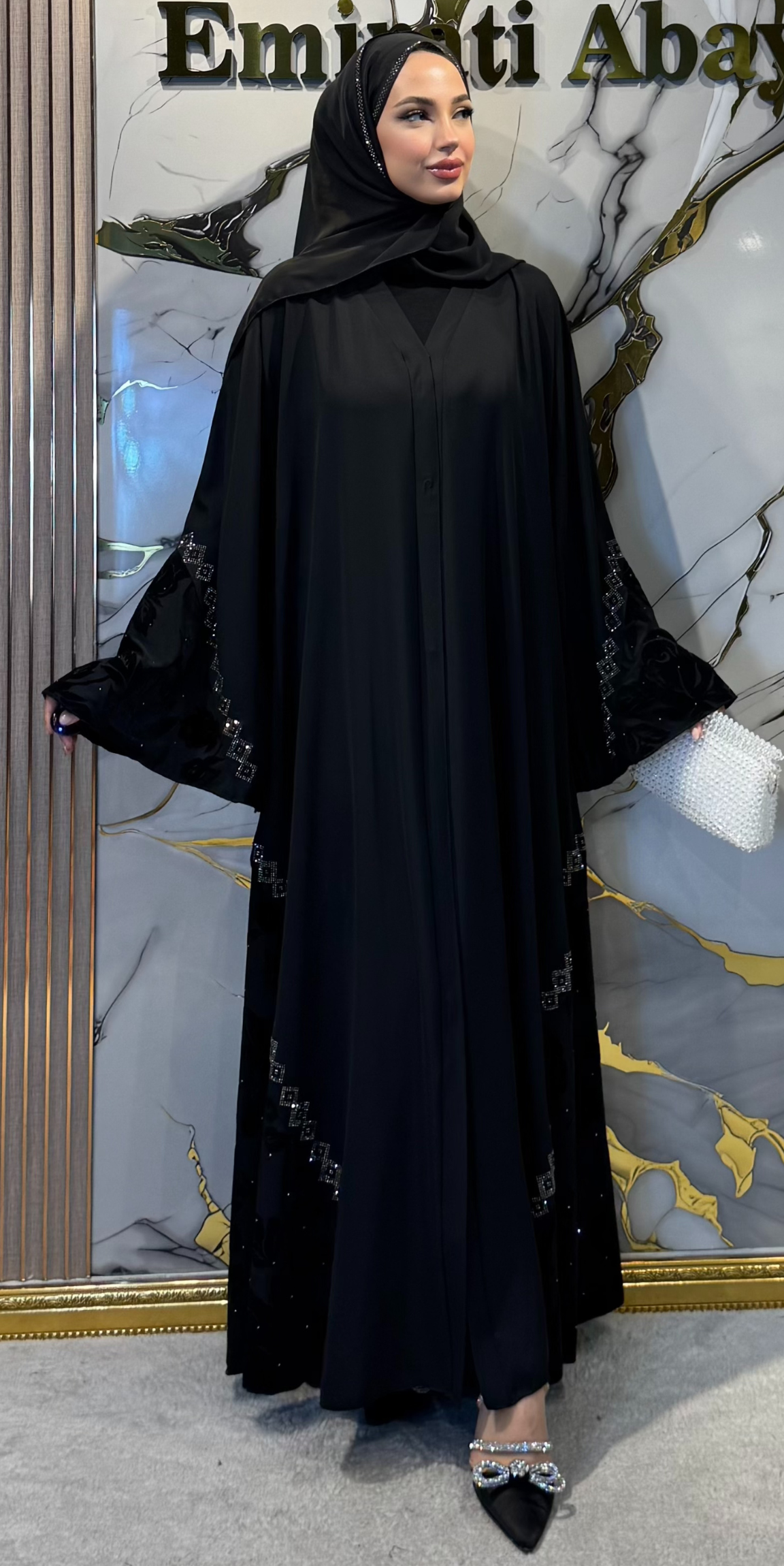 Black Flock &amp; Korean Chiffon Dubai Style Abaya with Swarovski Hematite Stones
