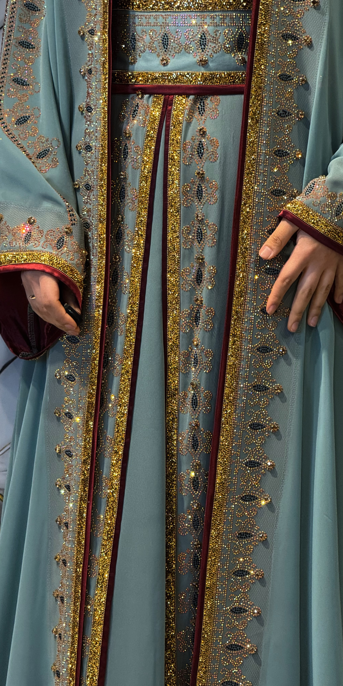 Gold Embellished Open-Front Green Chiffon Traditional Set - 4-Piece Luxury Set (Includes Shawl, Belt and Undergarment) WS74 GSY