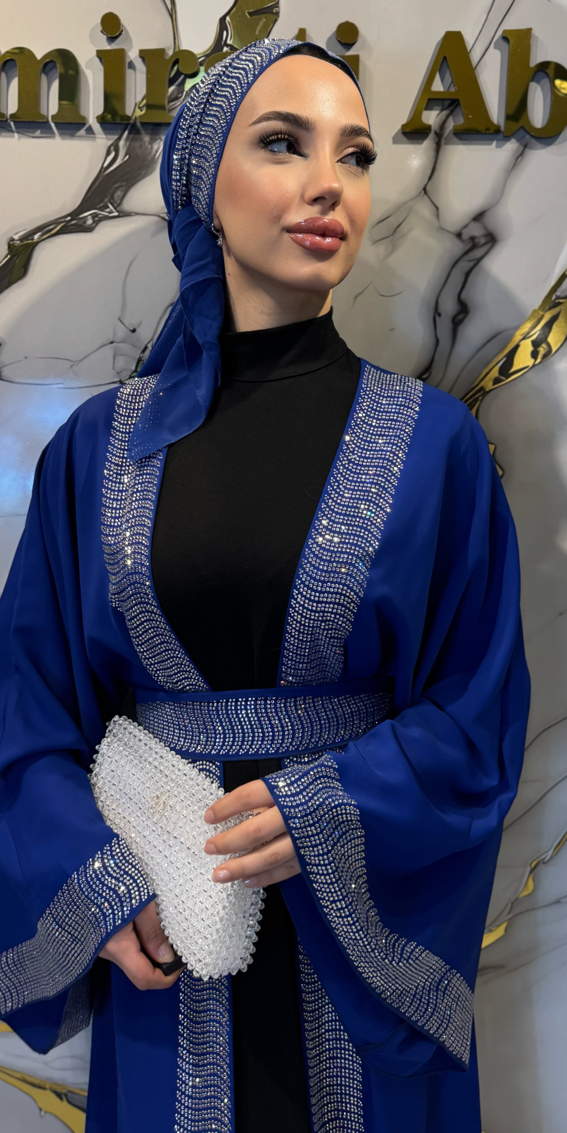 White Stone Embellished Blue Chiffon Traditional Style 3-Piece Set | TM47 WSM