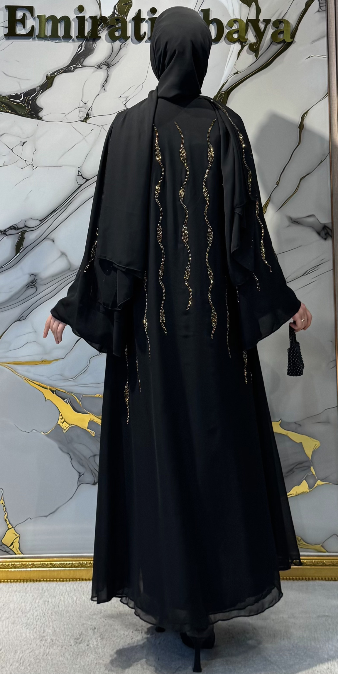 Ağaç Kökü Desenli Gold Taşlı Siyah Şifon Abaya | TM49 GSB
