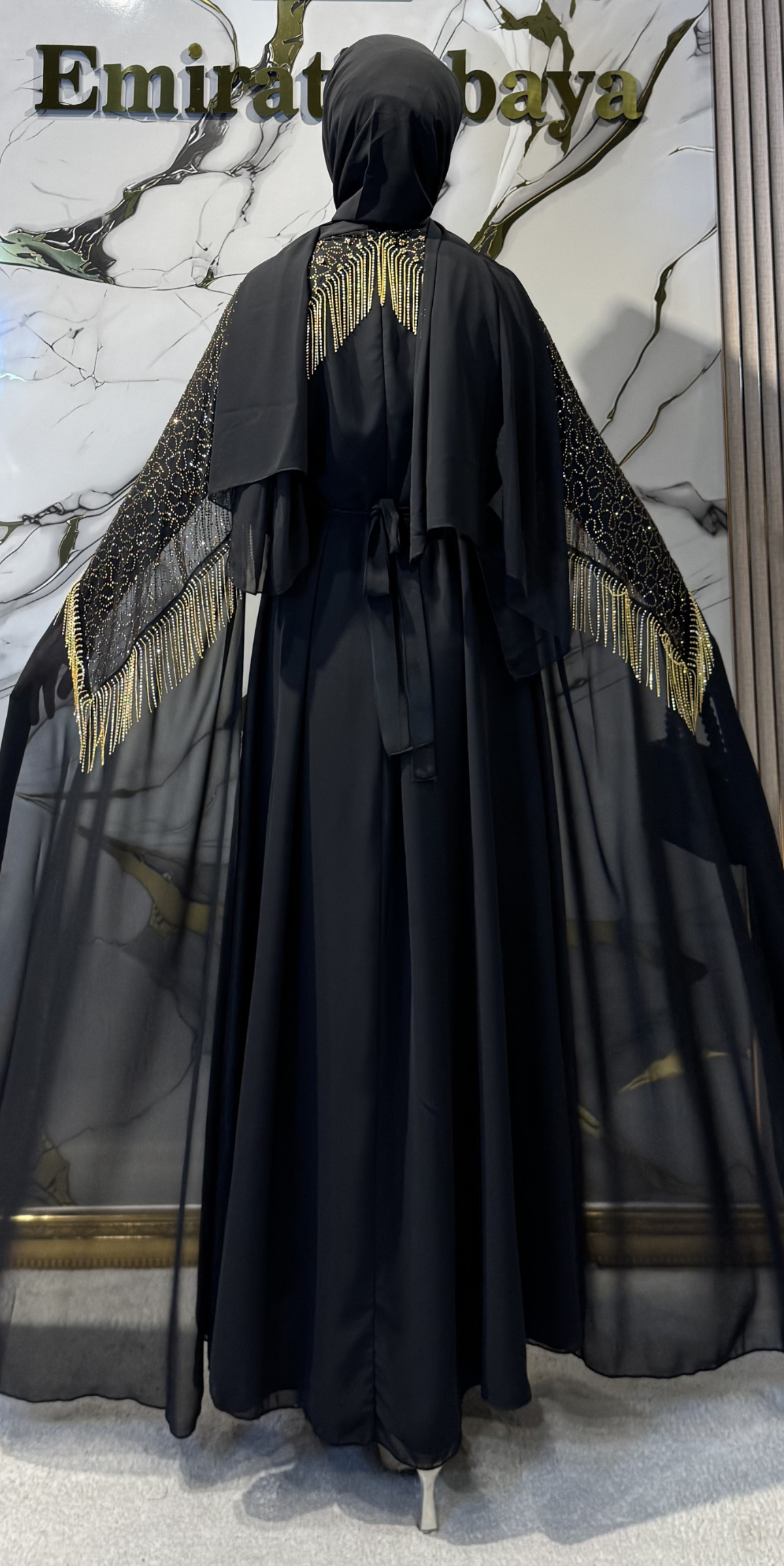 Gold Taşlı Uzun Kollu Siyah Abaya | WS56 GSB
