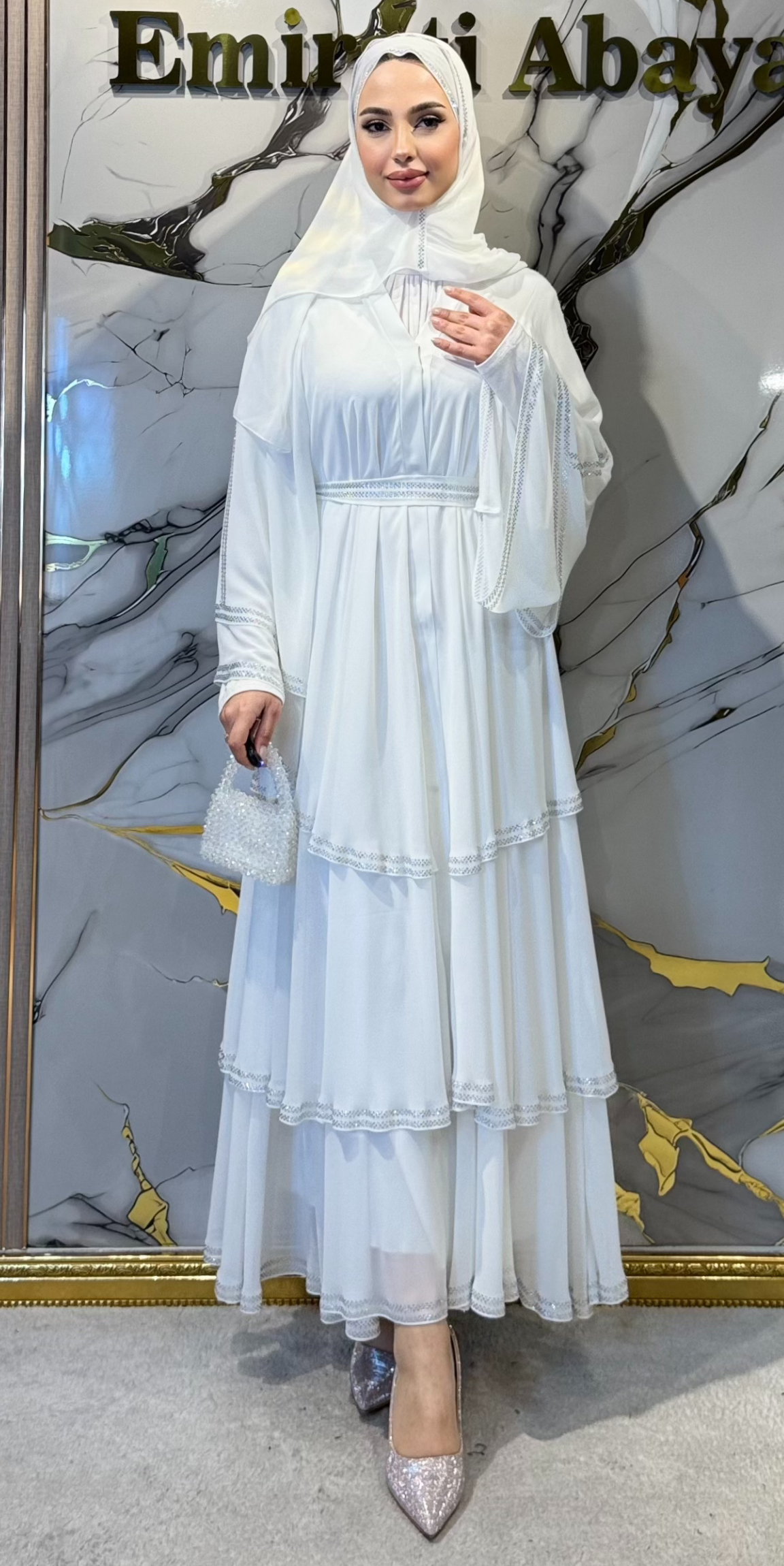 Lüks Beyaz Swarovski Taşlı Üç Katlı Kore Şifon Abaya