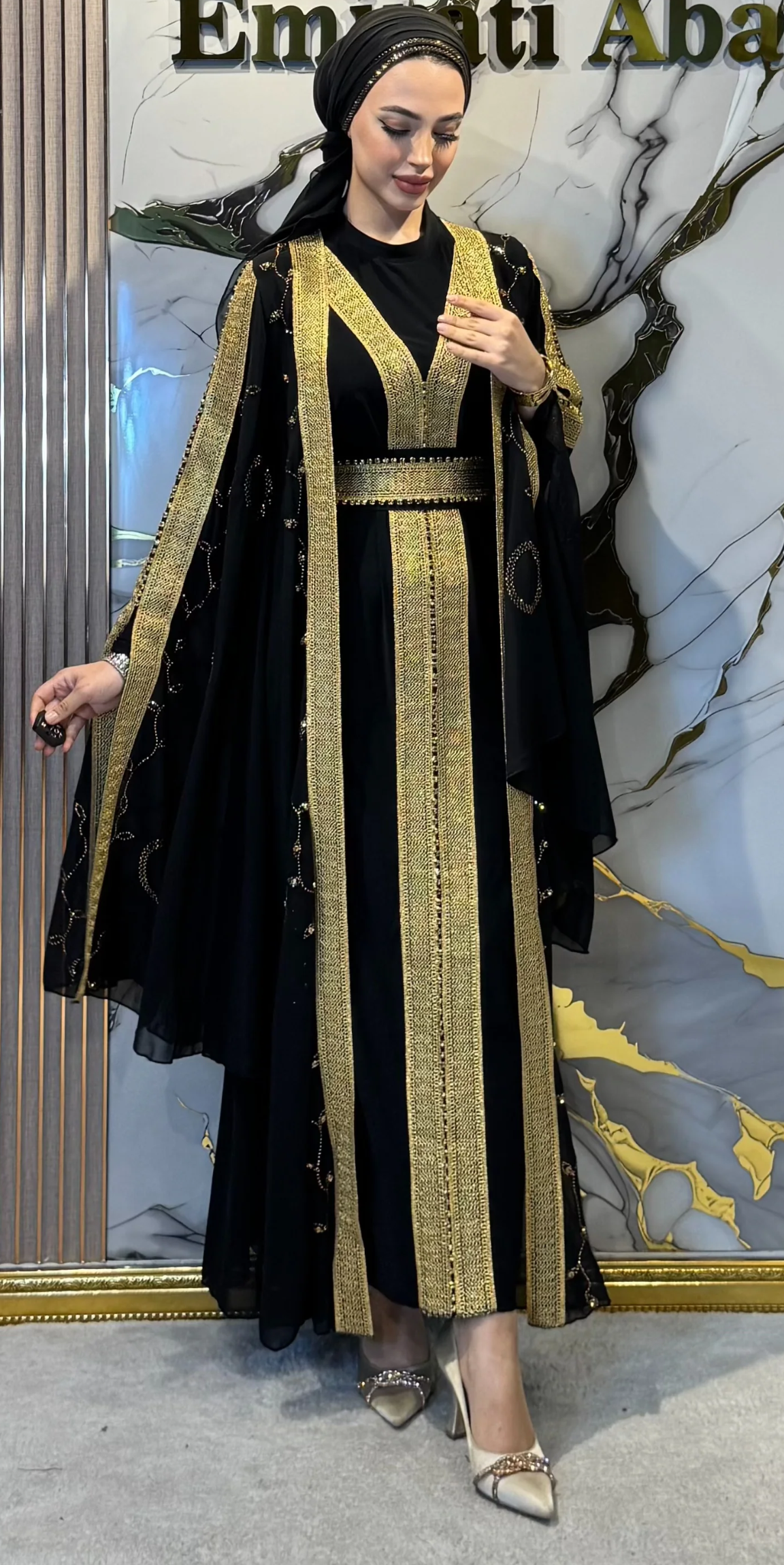 Gold Embellished Ribbon Detail Butterfly Sleeve Black Abaya Set - 4-Piece Luxury Set (Includes Shawl, Belt and Undershirt) WS46 GSB