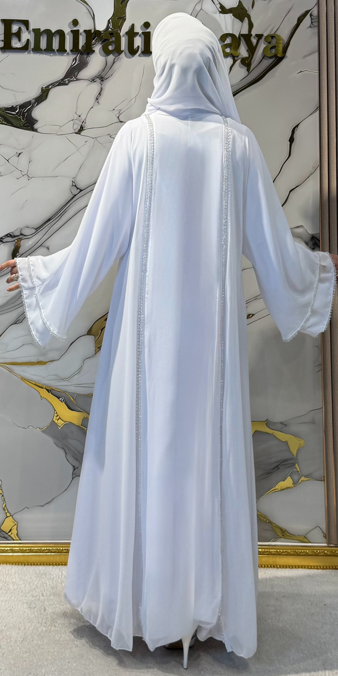 White Abaya with Front Slit and Beads TM06 HM WHITE