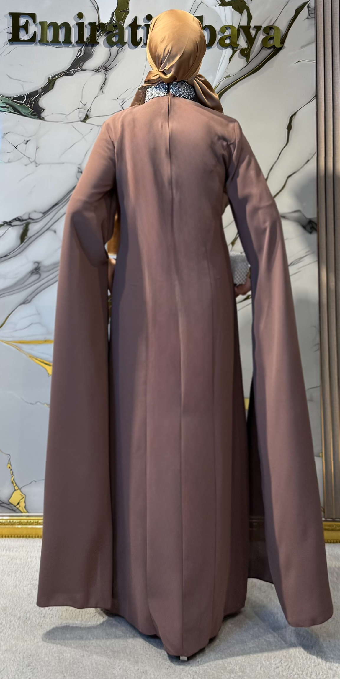 Vizon KREP Kumaş Beyaz El İşçiliği Taşlı Kolları Pelerin Abaya EF0019 WSDV