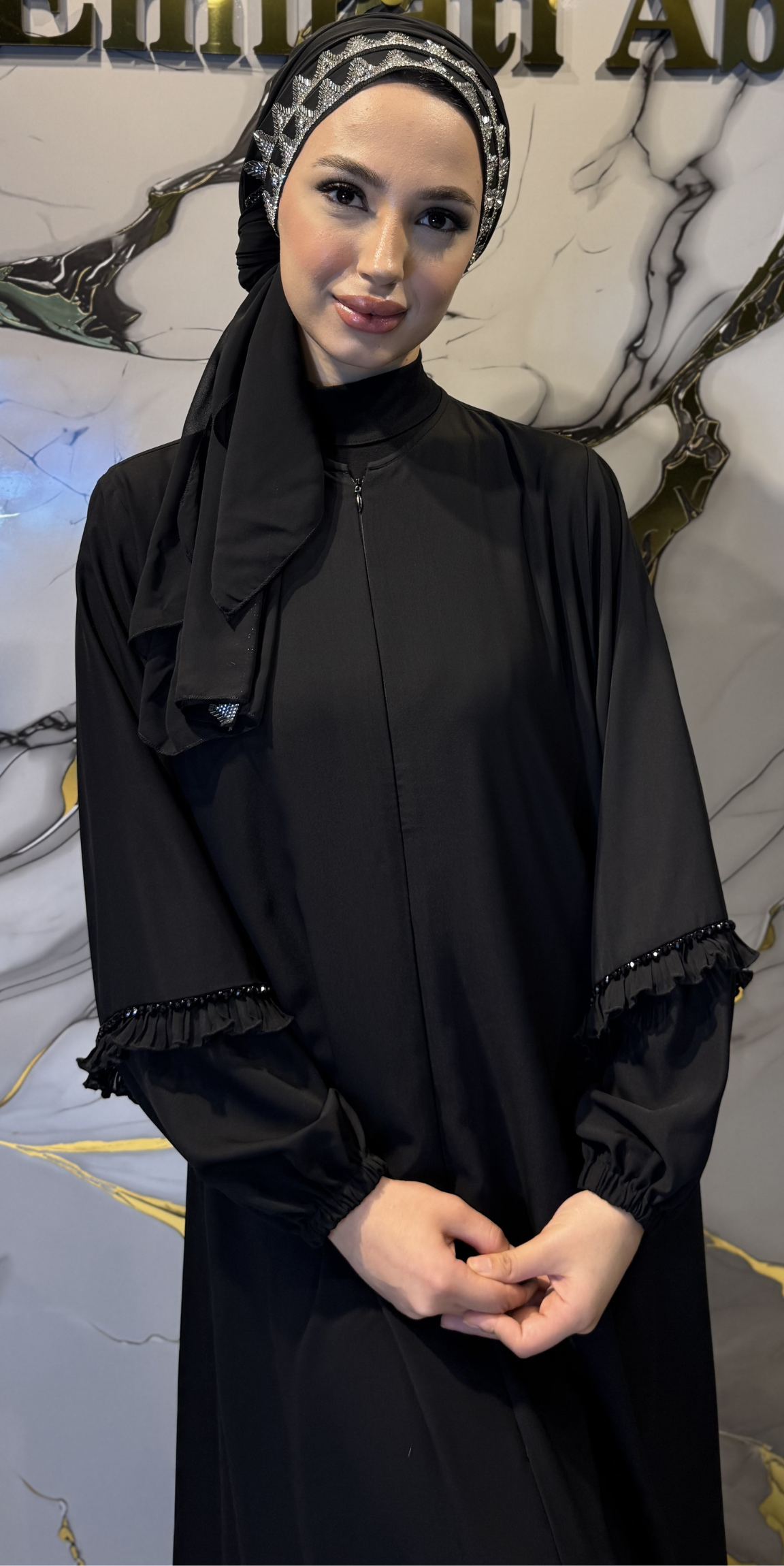 Front Hematite Stone Embellished Chiffon Scarf 180x75cm SHAWL17 HSB - Elegant Edge Detail Model