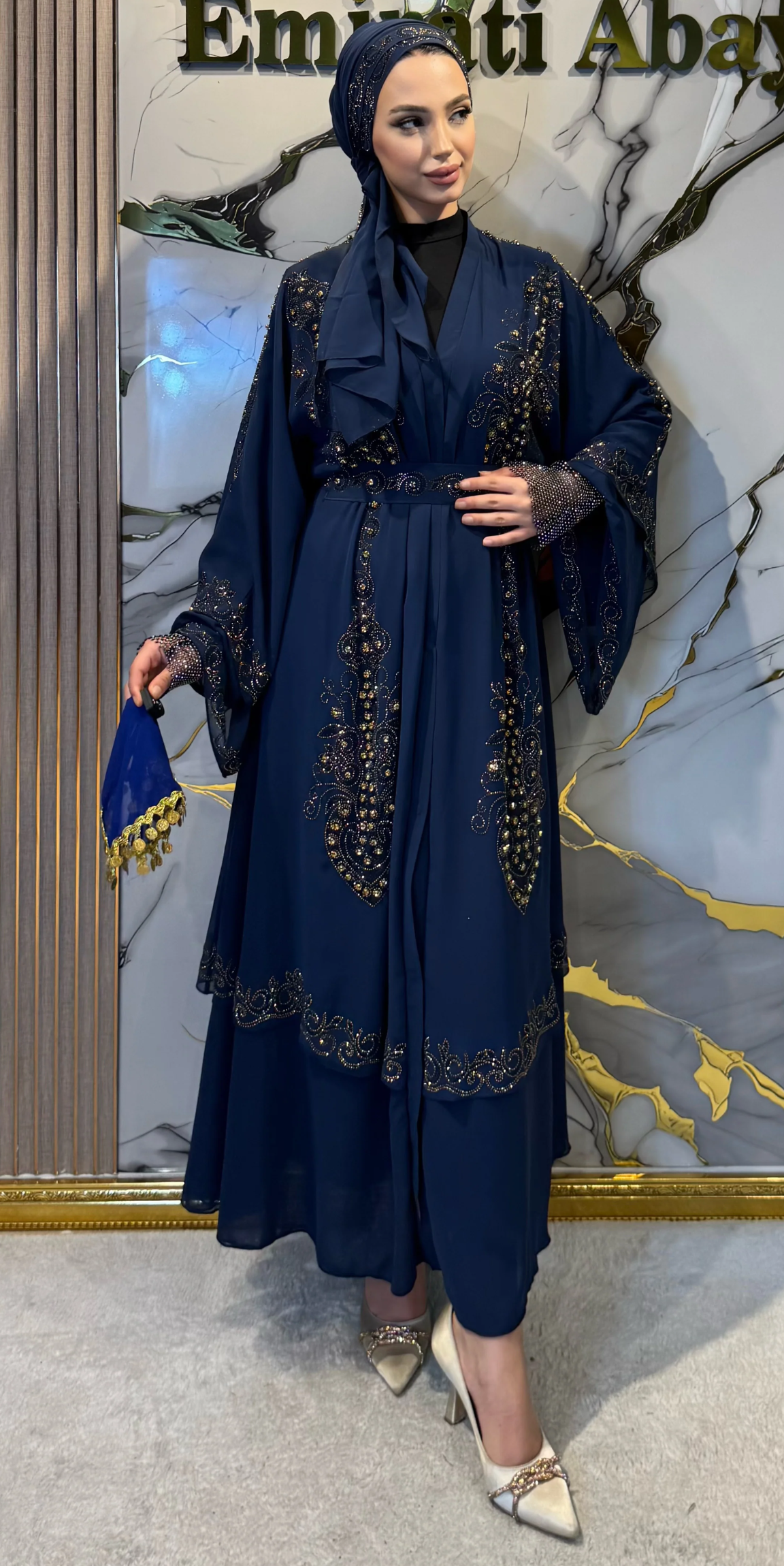 Çift Katlı Altın Taşlı Lacivert Şifon Abaya LY14 GSL - Taşlı Kemer ve Şal Dahil