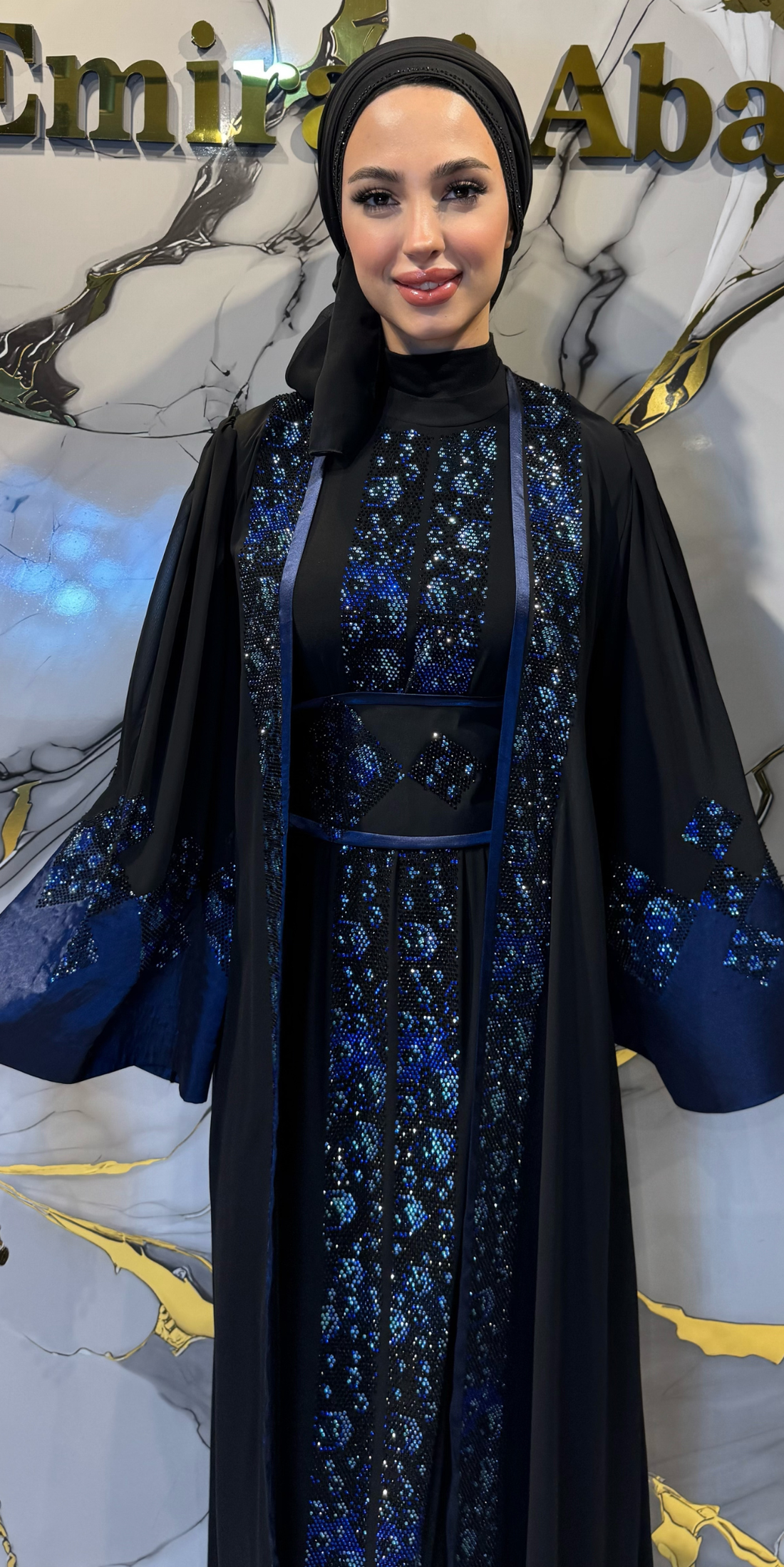 Blue Swarovski Crystal Embellished Black Korean Chiffon Traditional Dubai Style Abaya