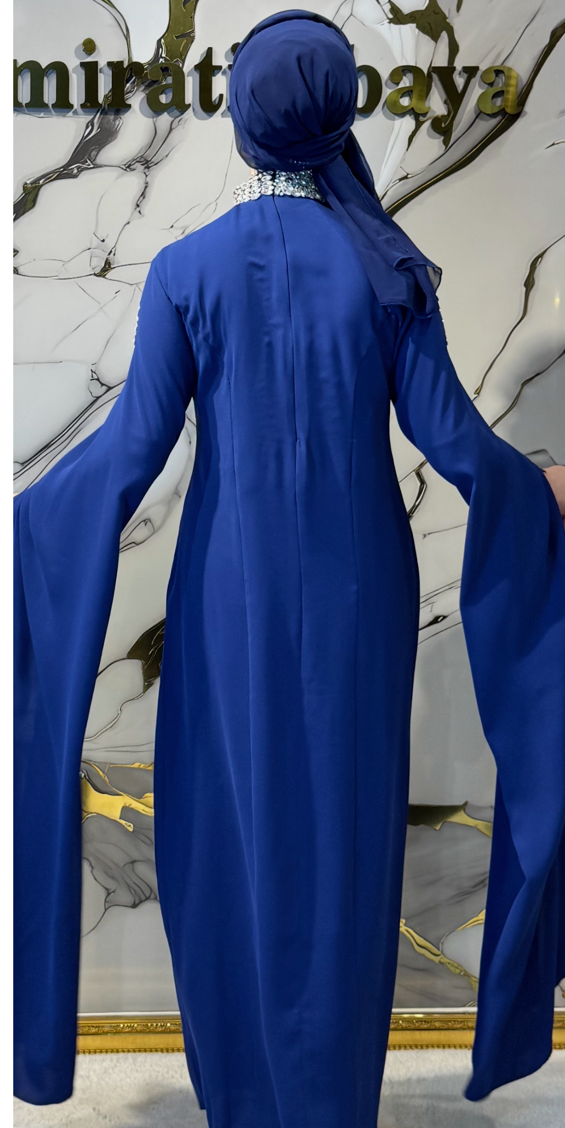 Saks Mavi Dubai Kumaş Boyundan Aşağı El İşçiliği Beyaz Taşlı Abaya | EF0019 WSDL