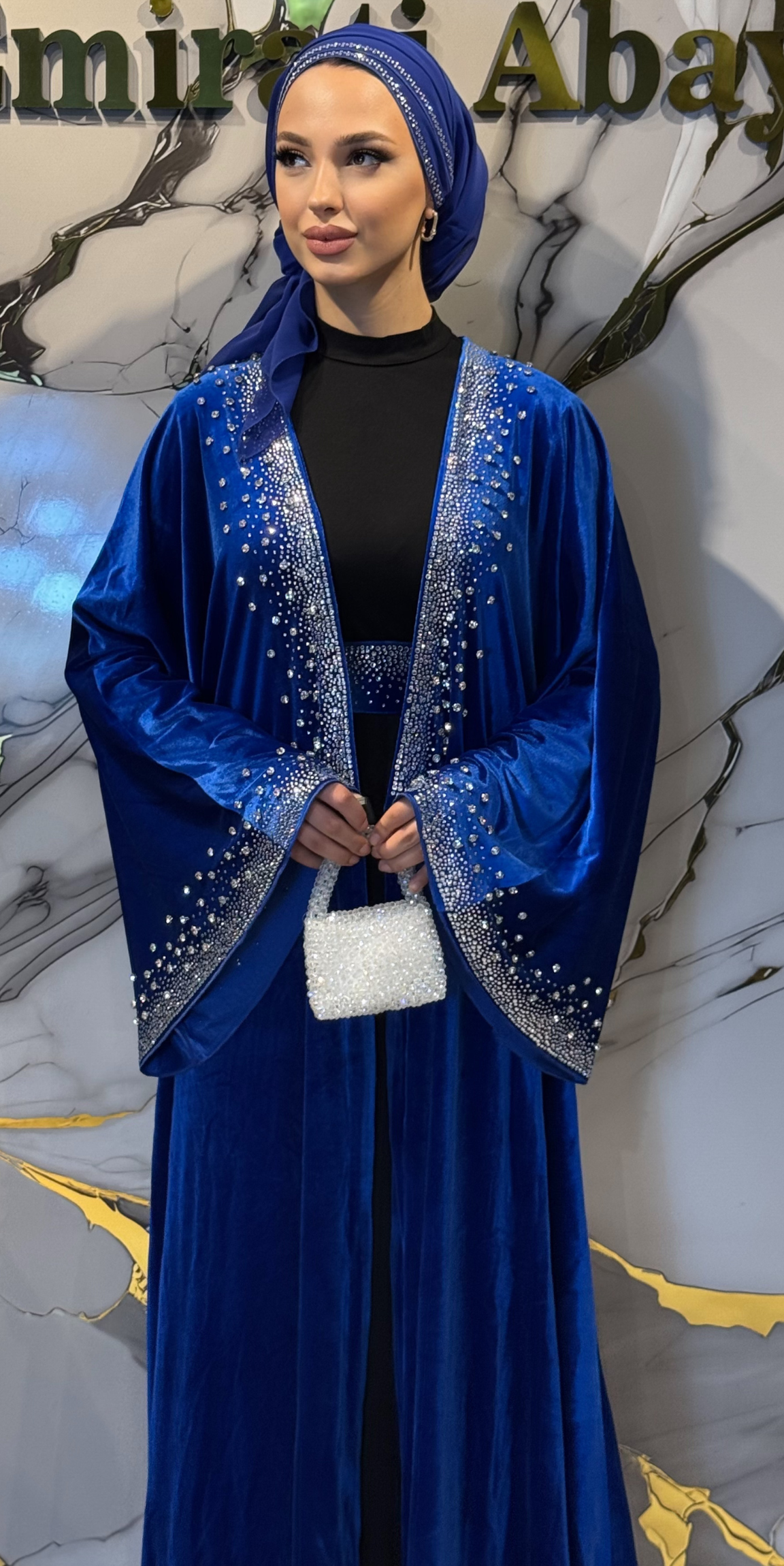 Elegant Blue Velvet Abaya with Crystal Embellishments - Shawl and Belt Included TM47 WSV BLUE