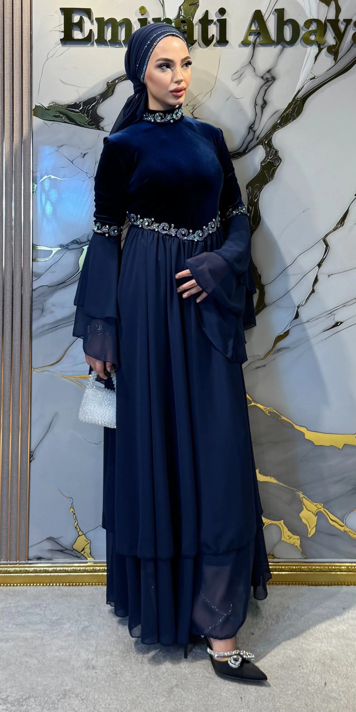 Royal Midnight Serenade Navy Blue Velvet Chiffon Abaya LY21 JSVL - Luxury Model Including Embellished Shawl