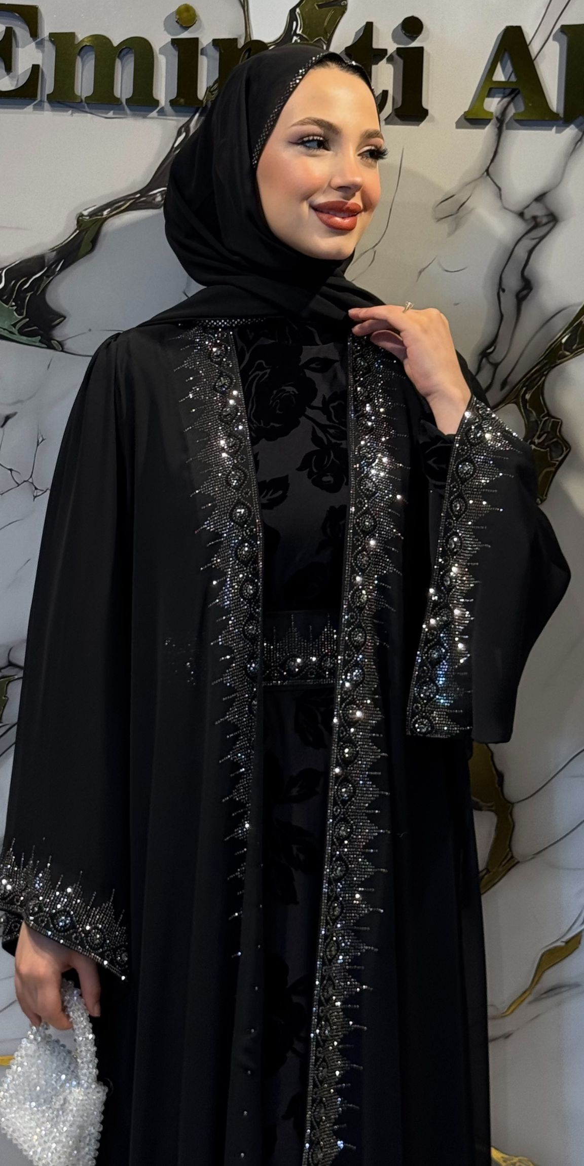 Black Traditional Suit with Hematite Stone and Flock Print | LY43 HSB