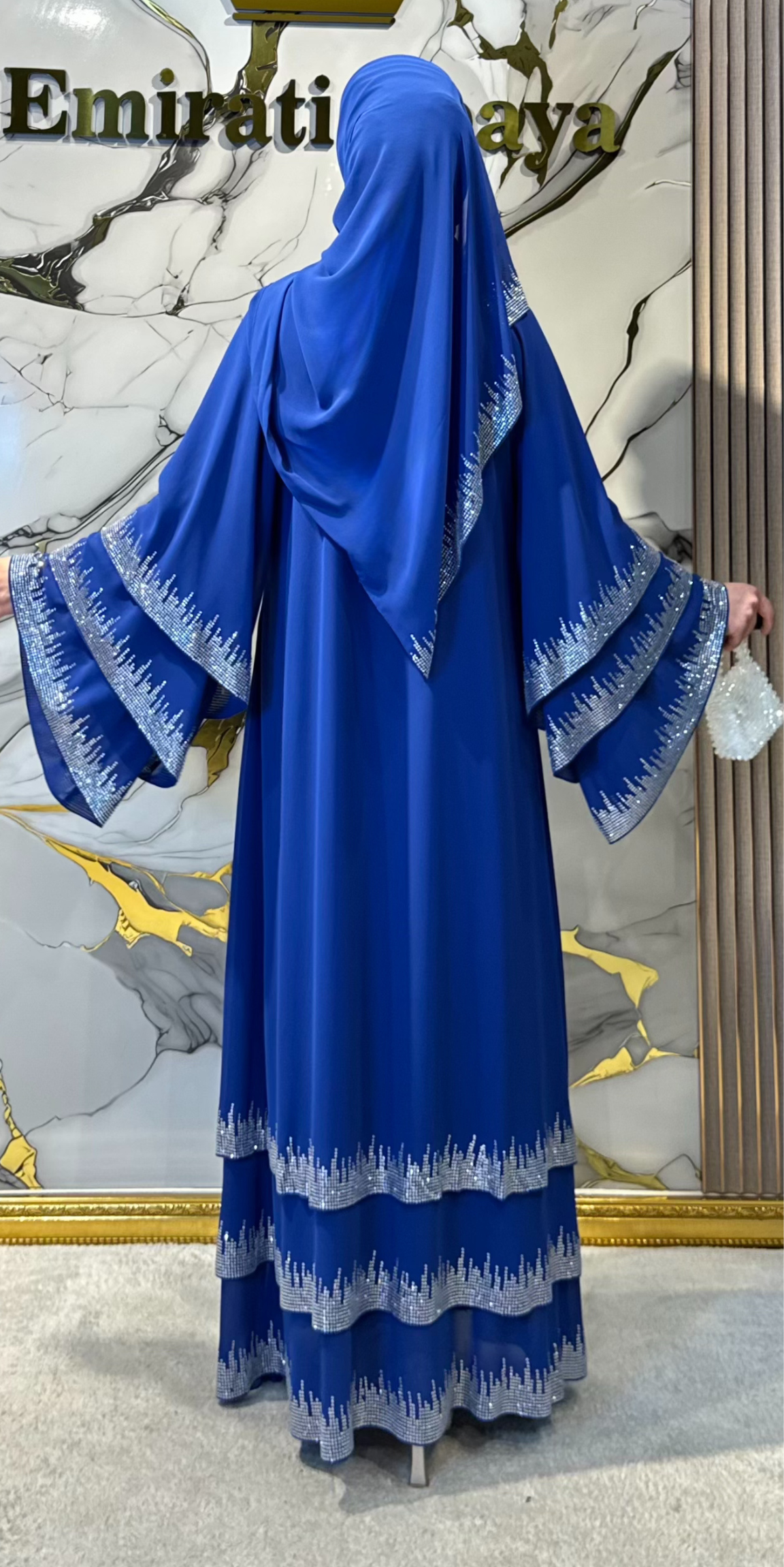 Üç Katlı Gümüş Taşlı Mavi Şifon Takım Şal Dahil | TM22 WSM