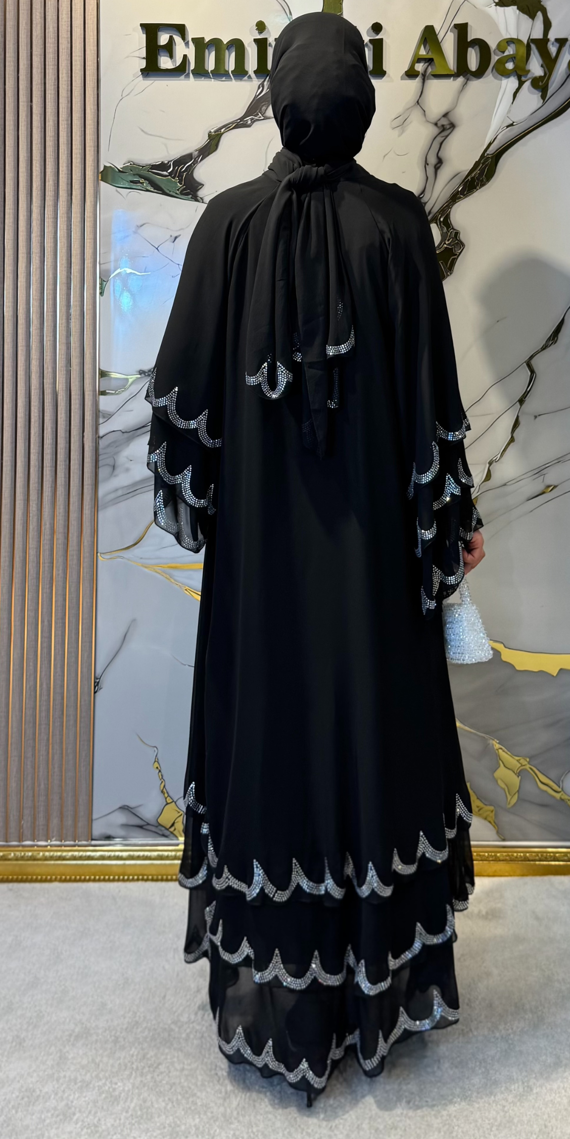 Black Abaya TM23 WSB with Swarovski Crystals on the Hem - Elegant Model Including Shawl