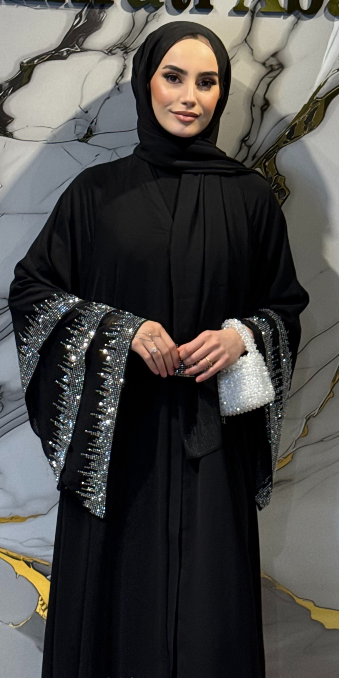 Etek Uçları Swarovski Taşlı Çıtçıtlı Siyah Abaya TM22 WSB - Şal Dahil Zarif Model
