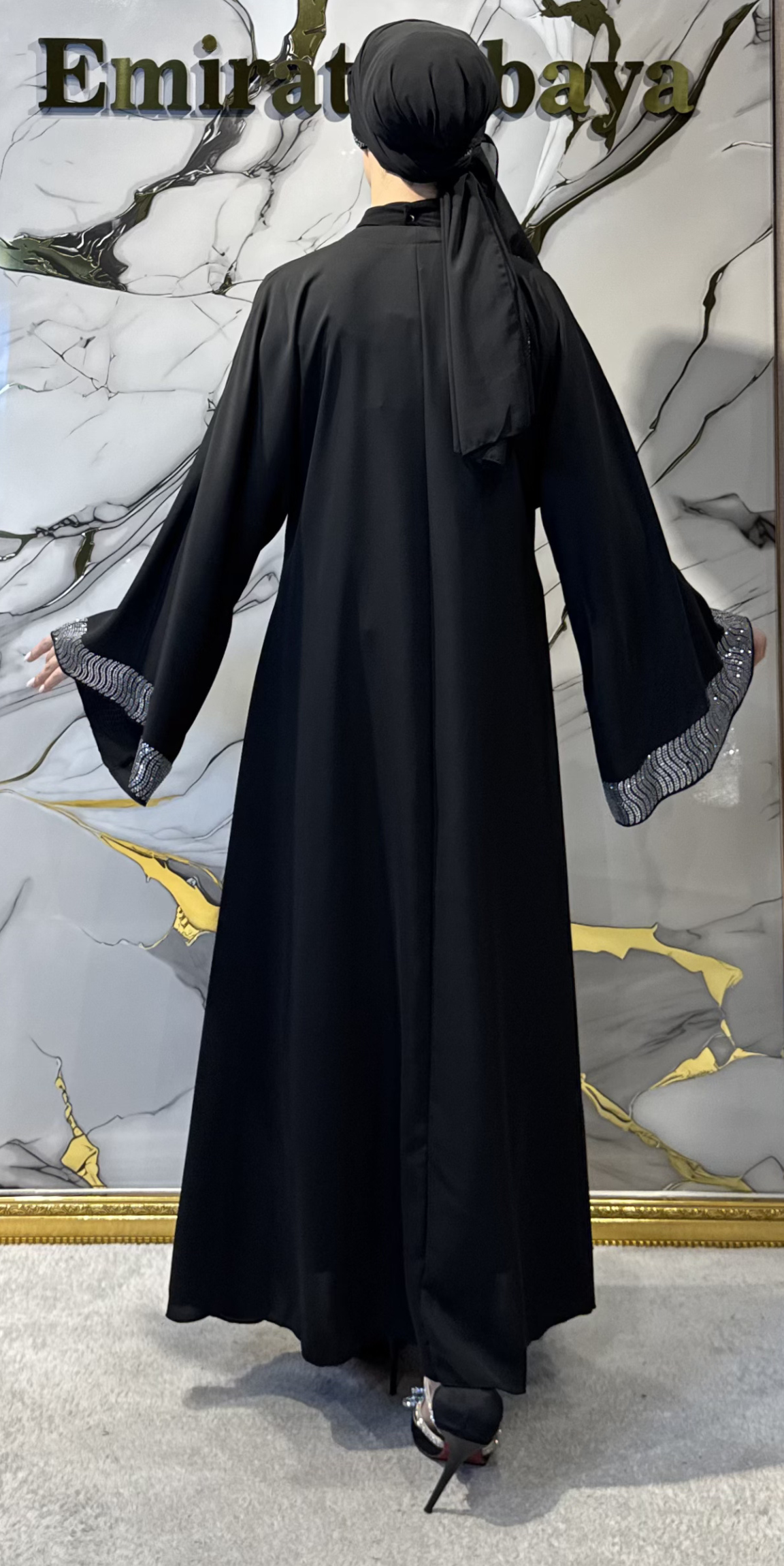 Siyah 3 Parça Yöresel Takım Beyaz Taş İşlemeli Dubai Kumaş Abaya | TM47 WSB