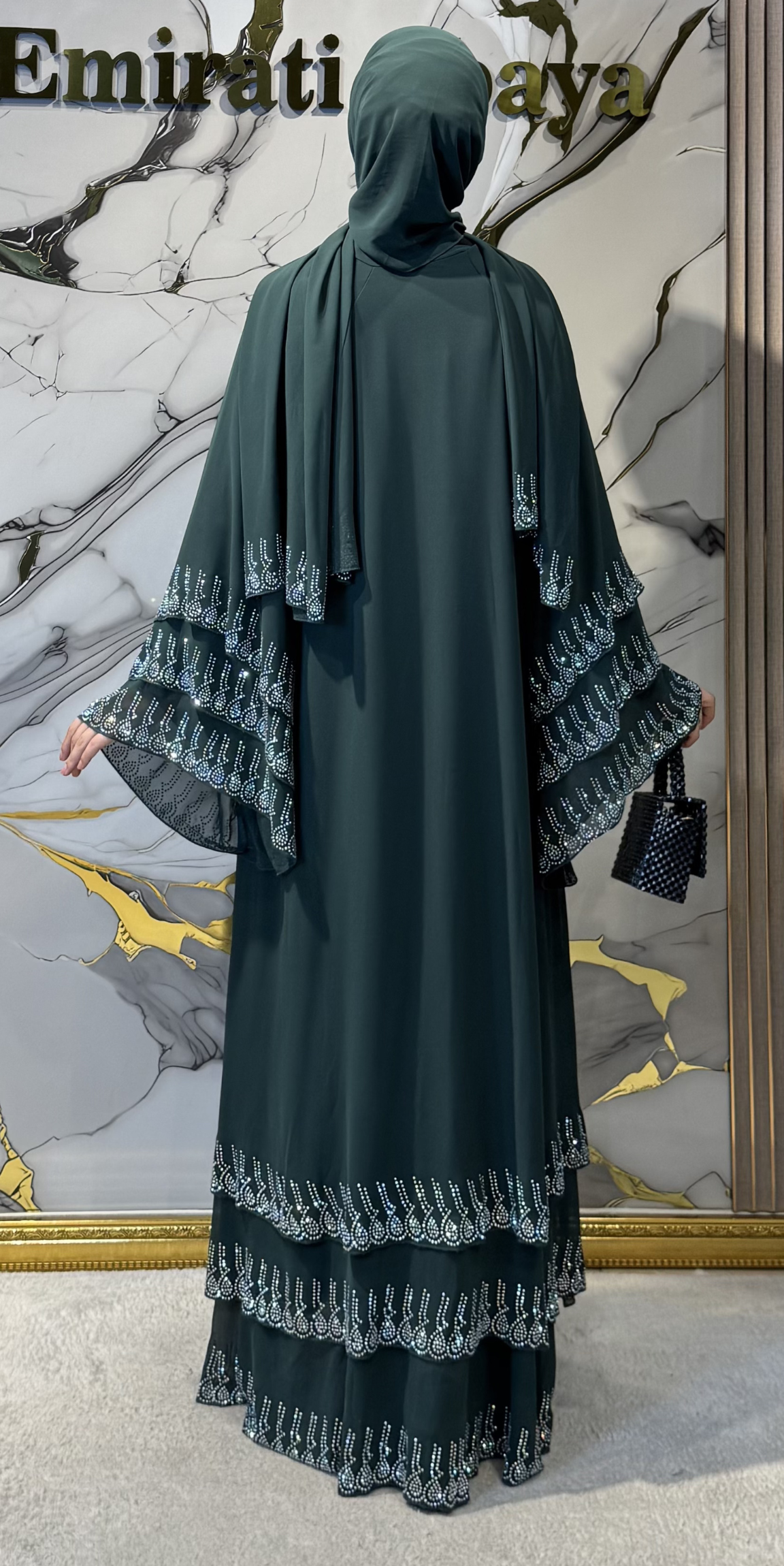 Etek Uçları Swarovski Taşlı Yeşil Abaya - Lüks Zarif Model TM07 JS YEŞİL