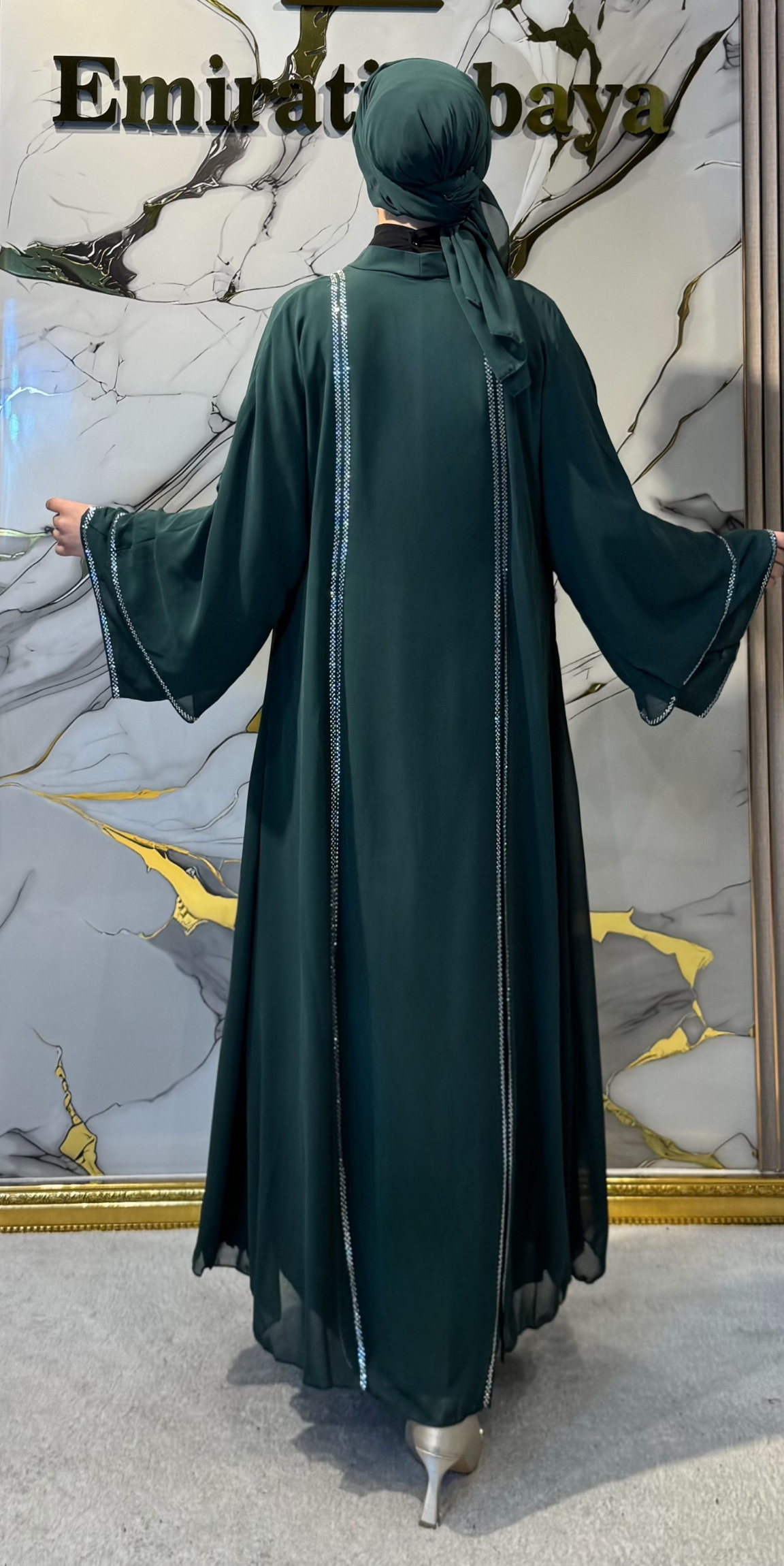 Front Slit Abaya with Swarovski Crystals Green TM06 WS Green