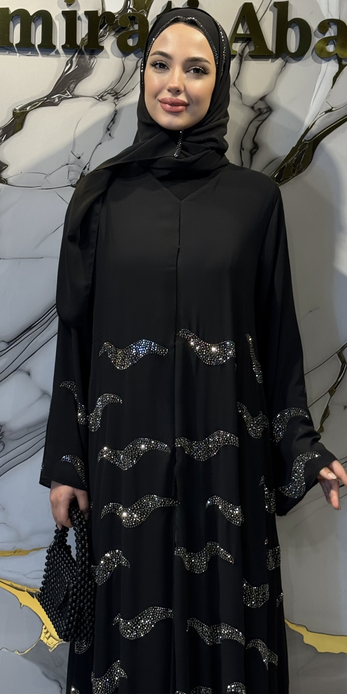 Dalga Desenli Hematit Taş İşlemeli Şifon Abaya | TM39 HSB
