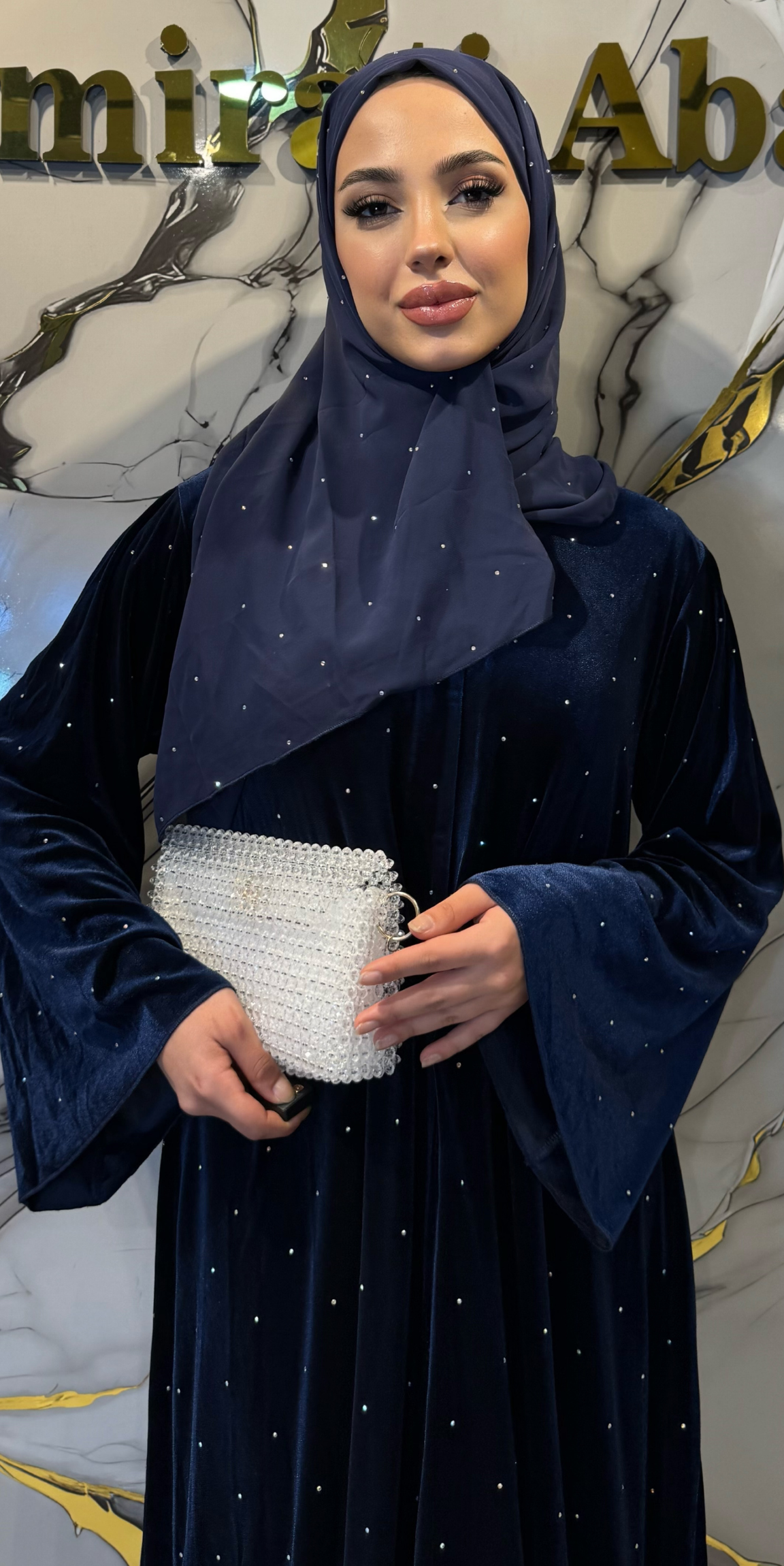 Navy Blue Velvet Shimmering Embellished Abaya TM063 VJSM