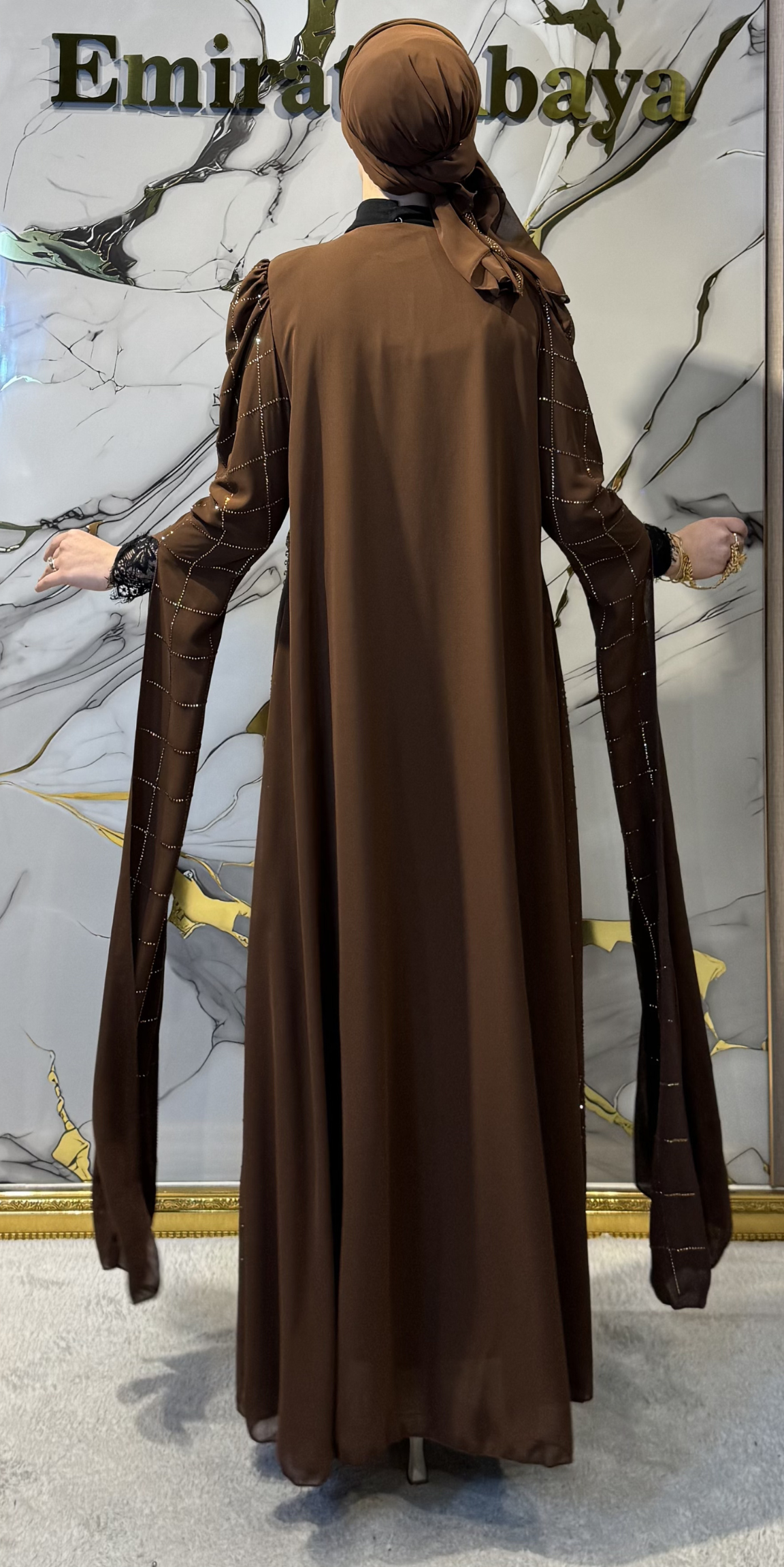 Altın Taş İşlemeli Kahverengi Şifon Abaya | TM083 GSK