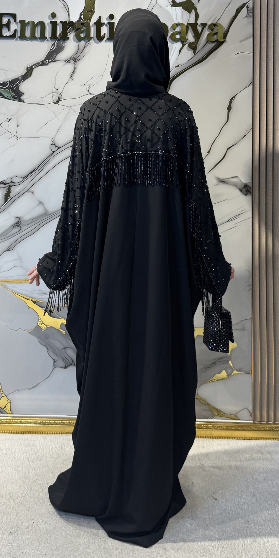 Siyah Taş İşlemeli Yarasa Kol Abaya TM80 BSB