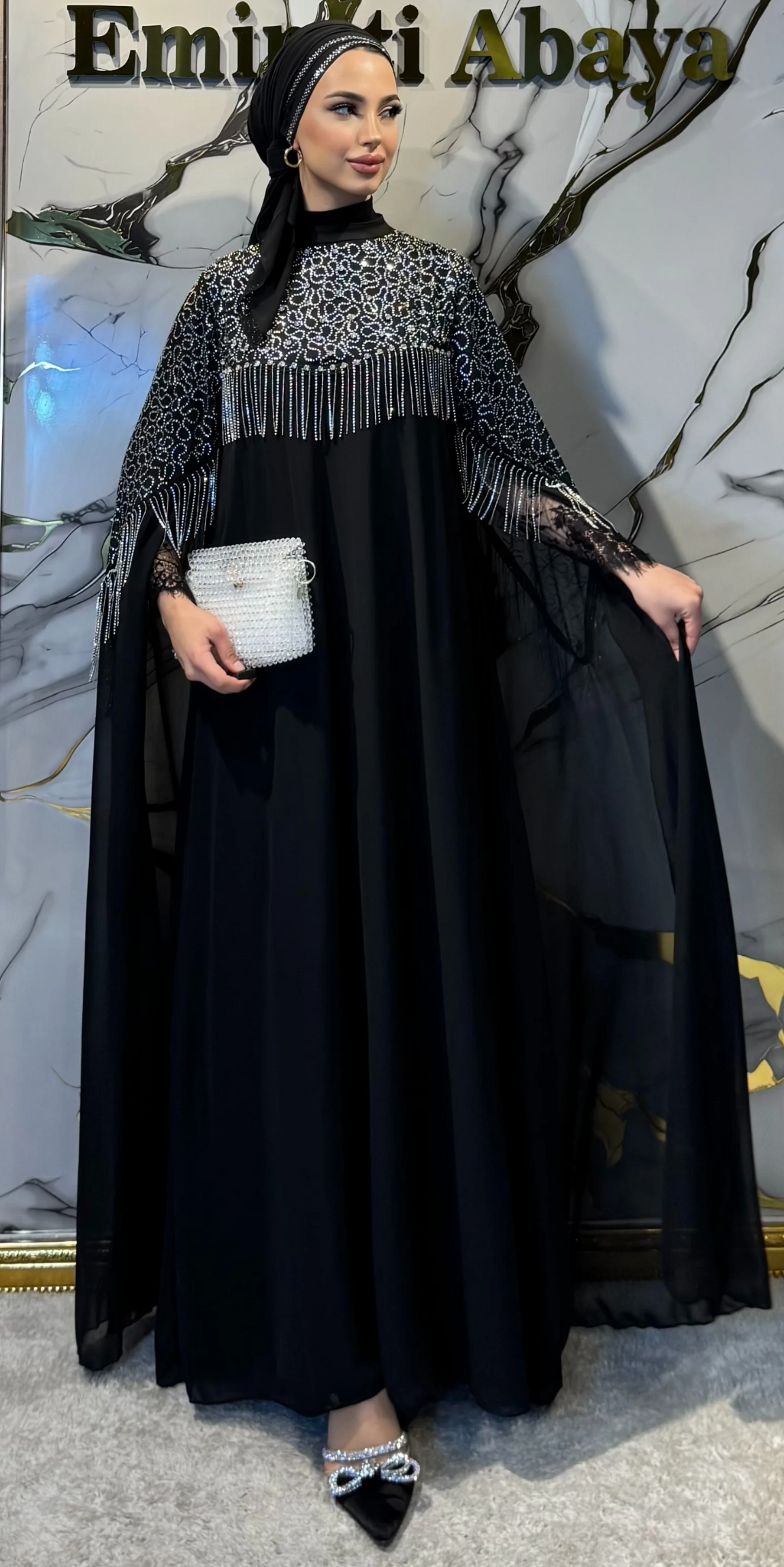 Siyah Şifon Beyaz Taşlı Uzun Kollu Abaya | WS56 WSB