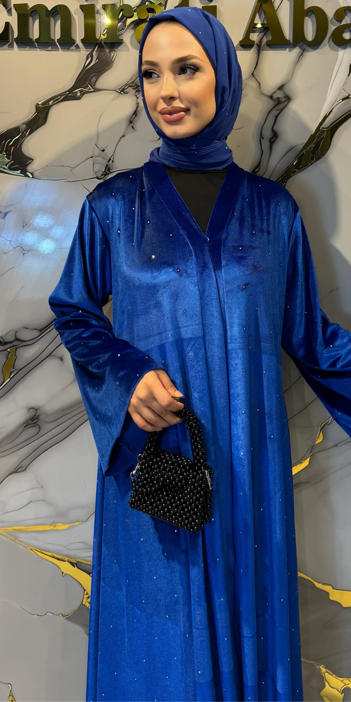 Serpiştirilmiş Taşlı Mavi Kadife Abaya Şal Dahil | TM63 VWSM