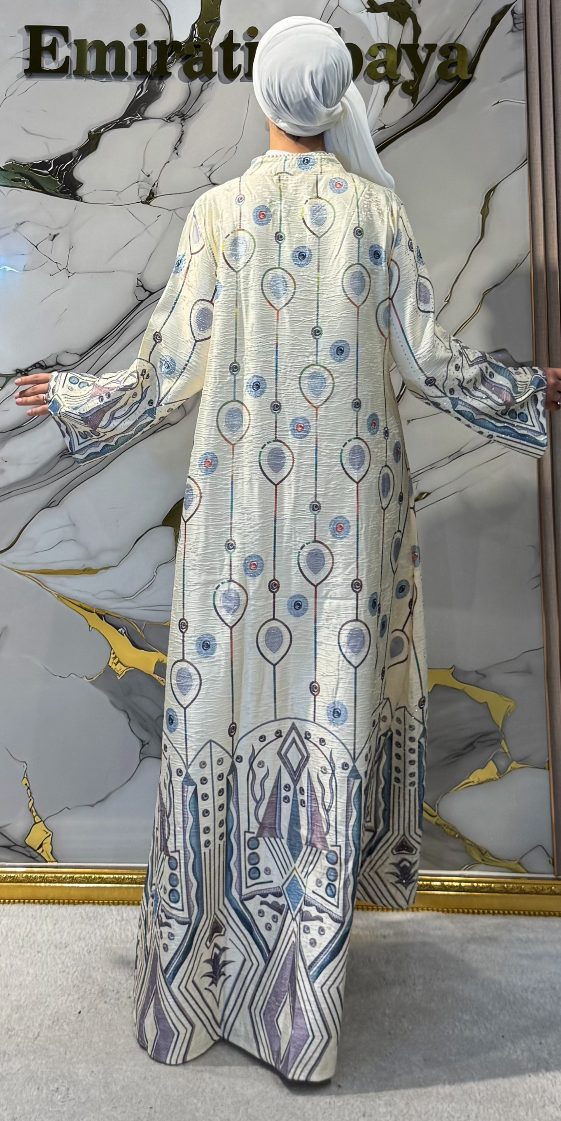 Geometrik Damla Baskılı Krem Jakar Günlük Abaya | KSA12 YELLOW