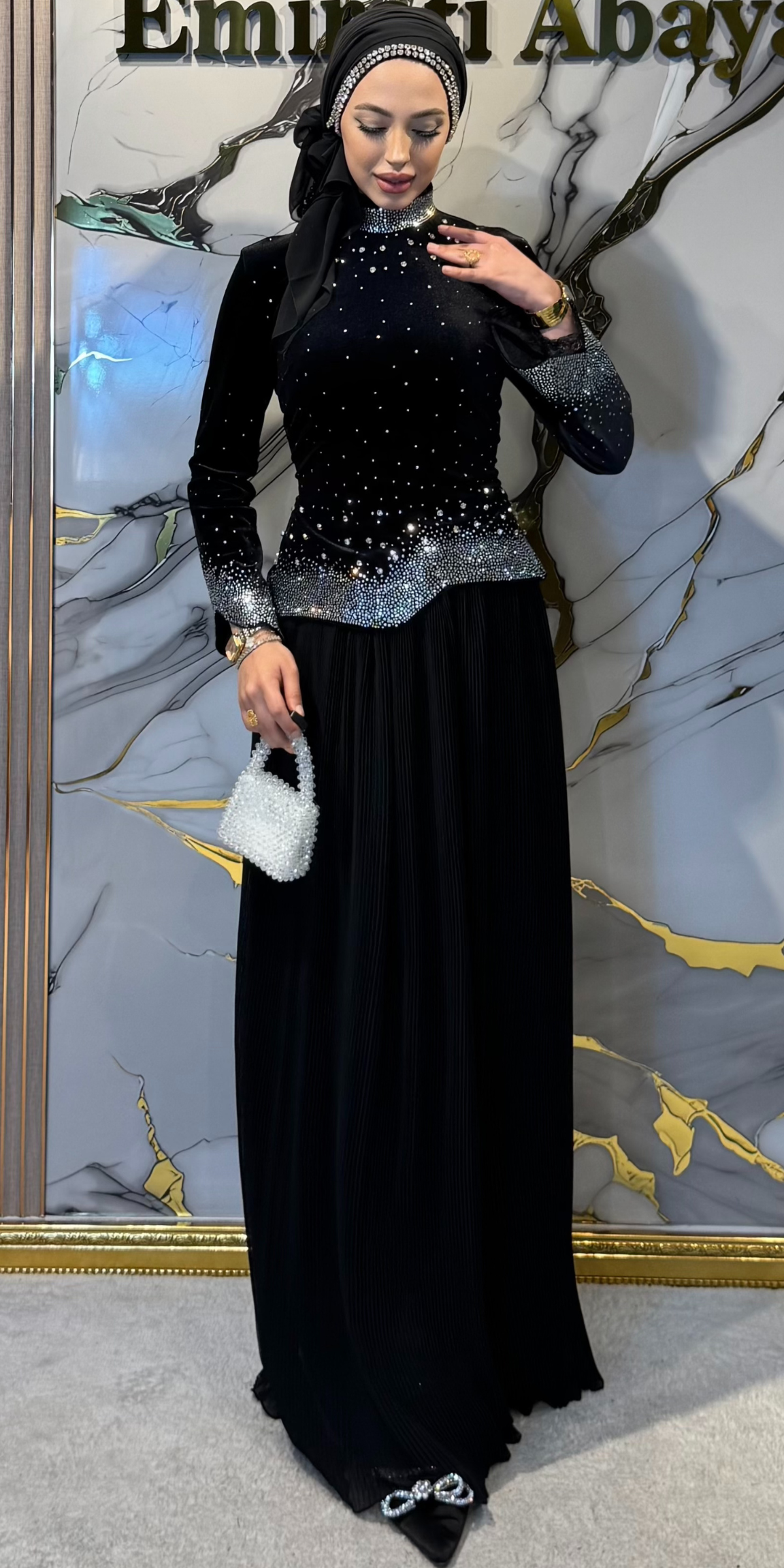 Night Glow Black Velvet Dubai Evening Gown with Swarovski Crystals | LY22 WSVB