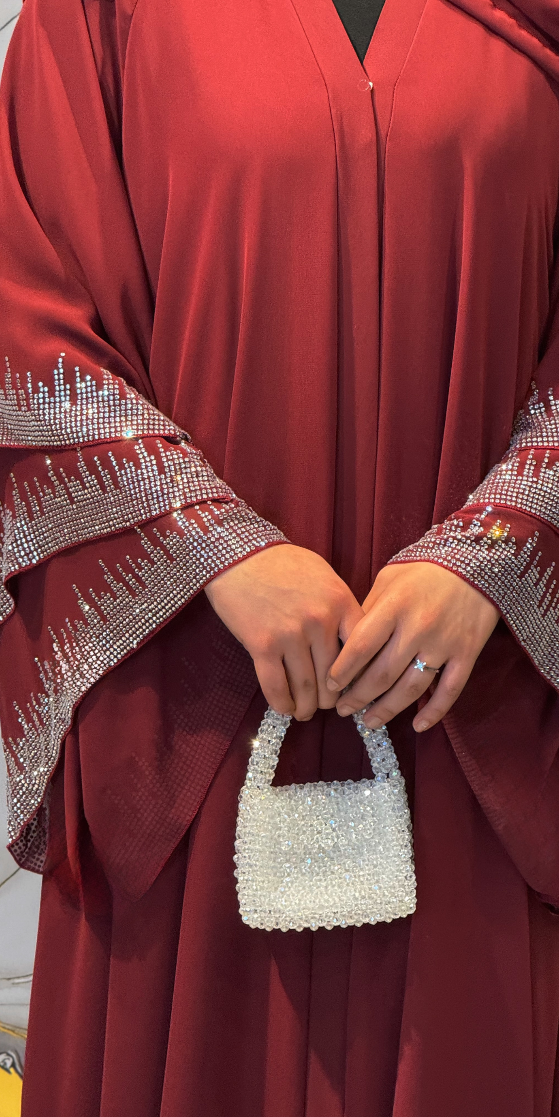 Üç Katlı Gümüş Taşlı Bordo Şifon Abaya Şal Dahi | TM22 WS BORDO