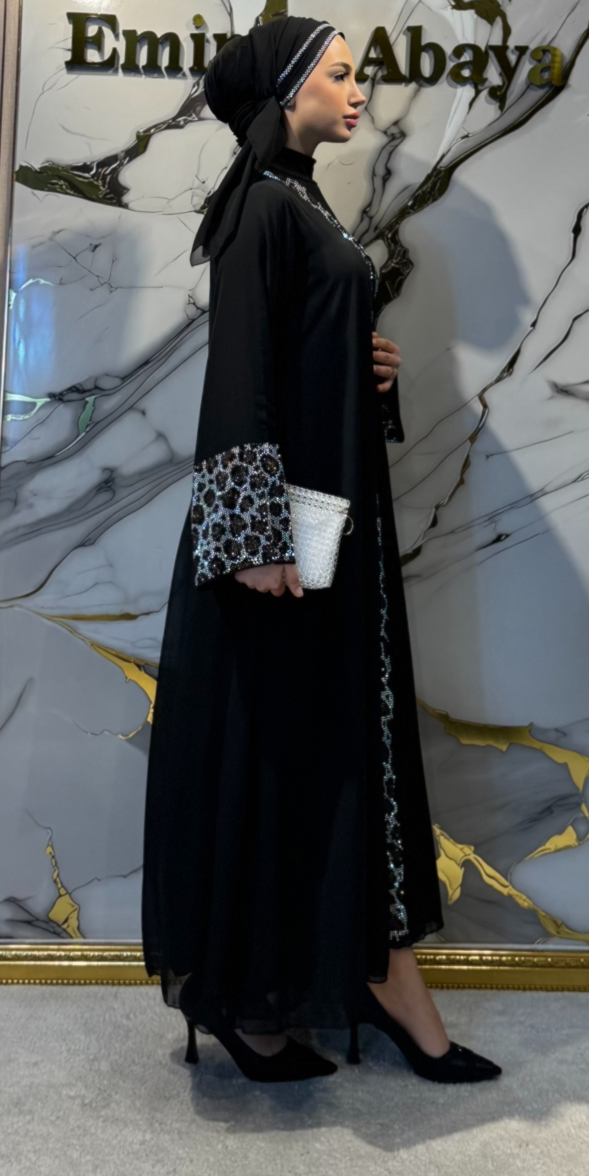 Taşlı Leopar Desenli Siyah Şifon Abaya JanJan Taşlı Şal Dahil TM78 LJSSB