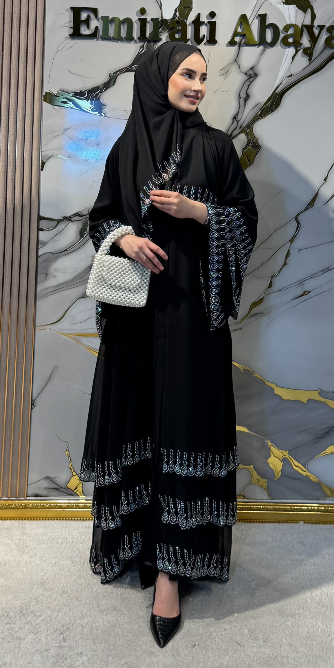 Etek Uçları Swarovski Taşlı Abaya TM07 WSB - Düğmeli Şal Dahil Lüks Model
