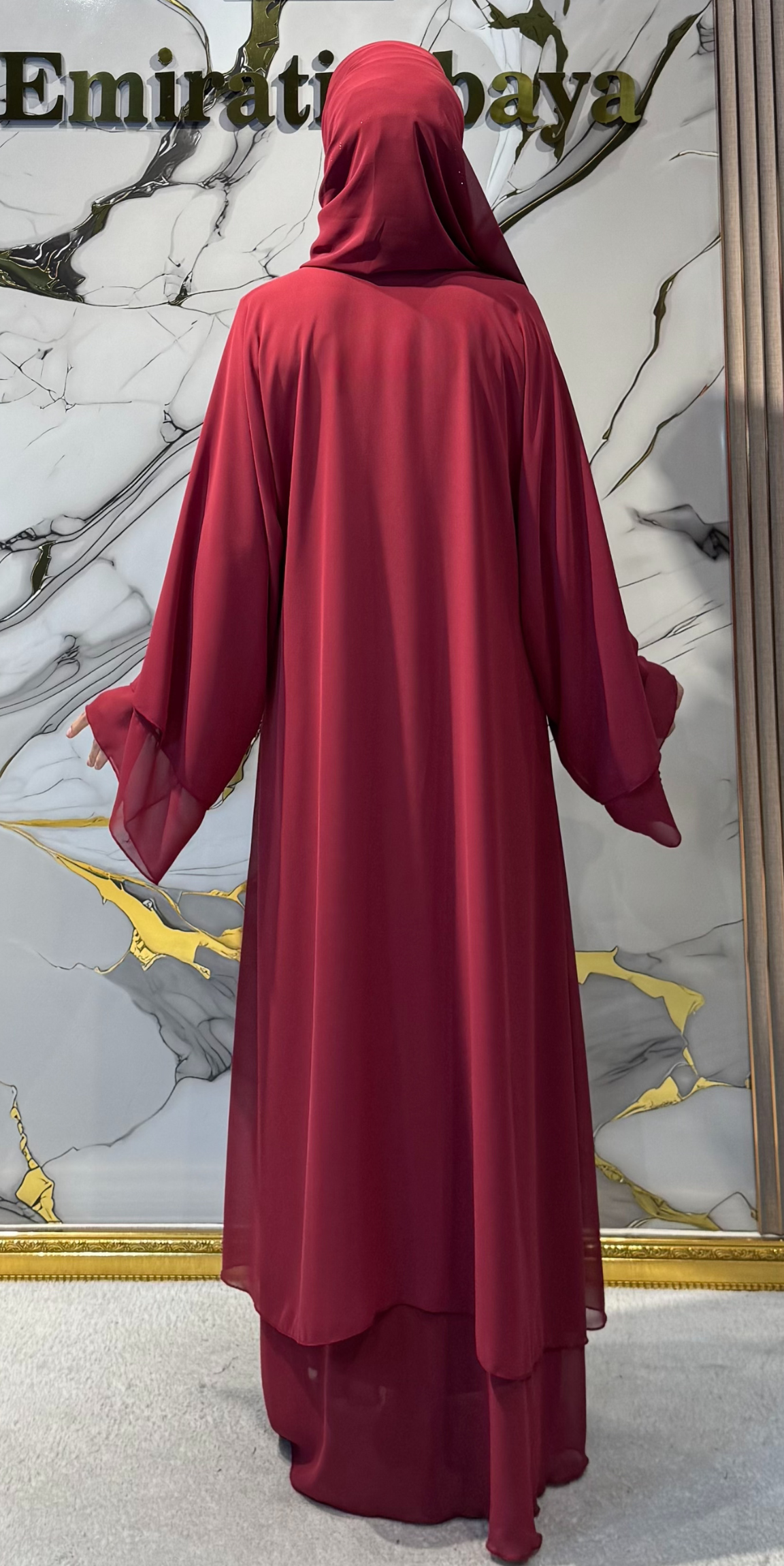 İki Katlı Swarovski Taşlı Bordo Abaya - Çıtçıtlı Zarif Model RK009 BORDO