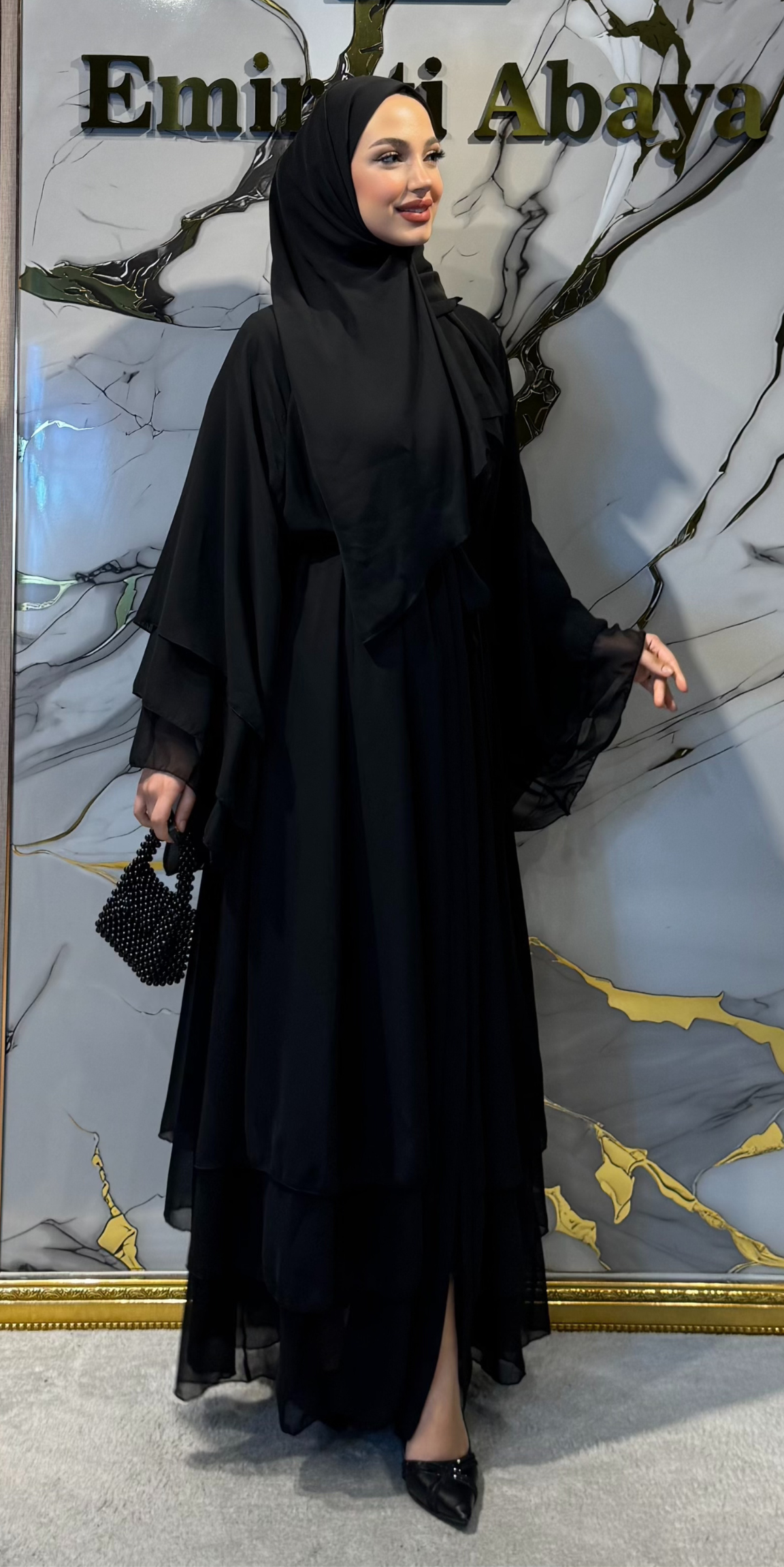 Swarovski Taşlı Üç Katlı Şifon Abaya RK011 BSB - 3 Parça Set (Şal ve Kemer Dahil)