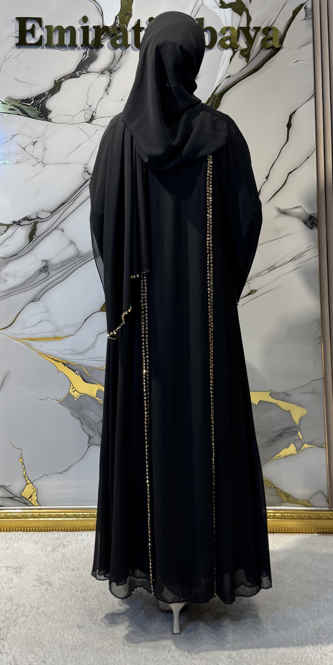 Önü Yırtmaçlı Gold Taşlı Şifon Siyah Abaya - Zarif Lüks Model TM06 C GSB