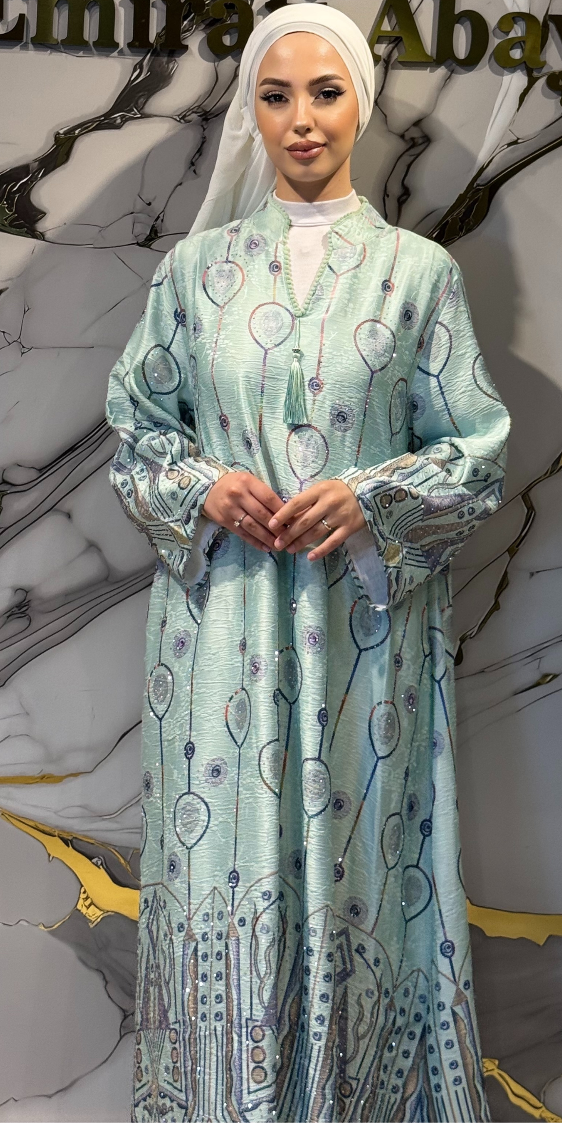 Geometrik Baskılı Mint Yeşili Jakar Günlük Abaya | KSA12 YEŞIL