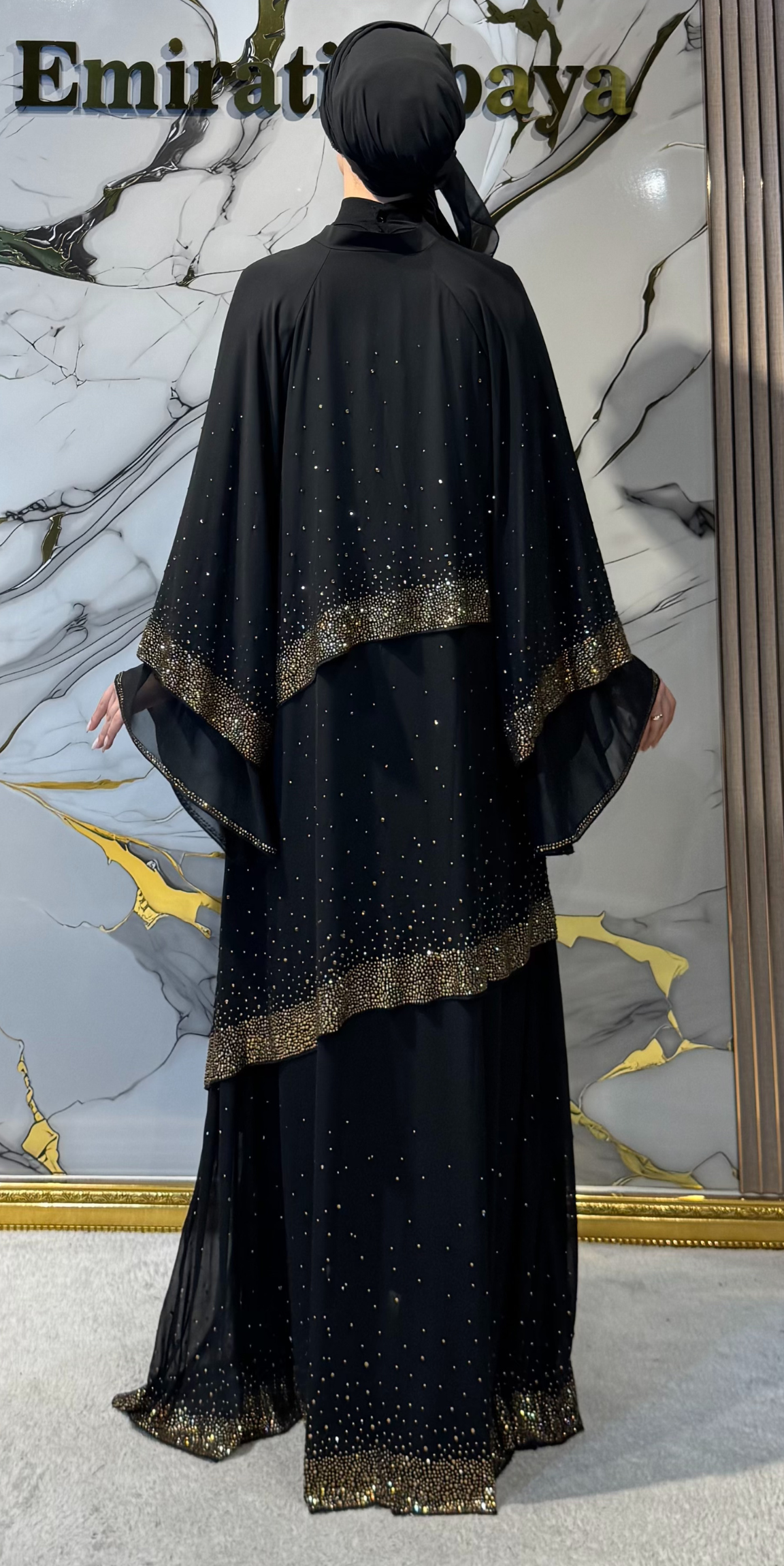 Gold Taşlı Katmanlı Siyah Şık Abaya TM34 GSB
