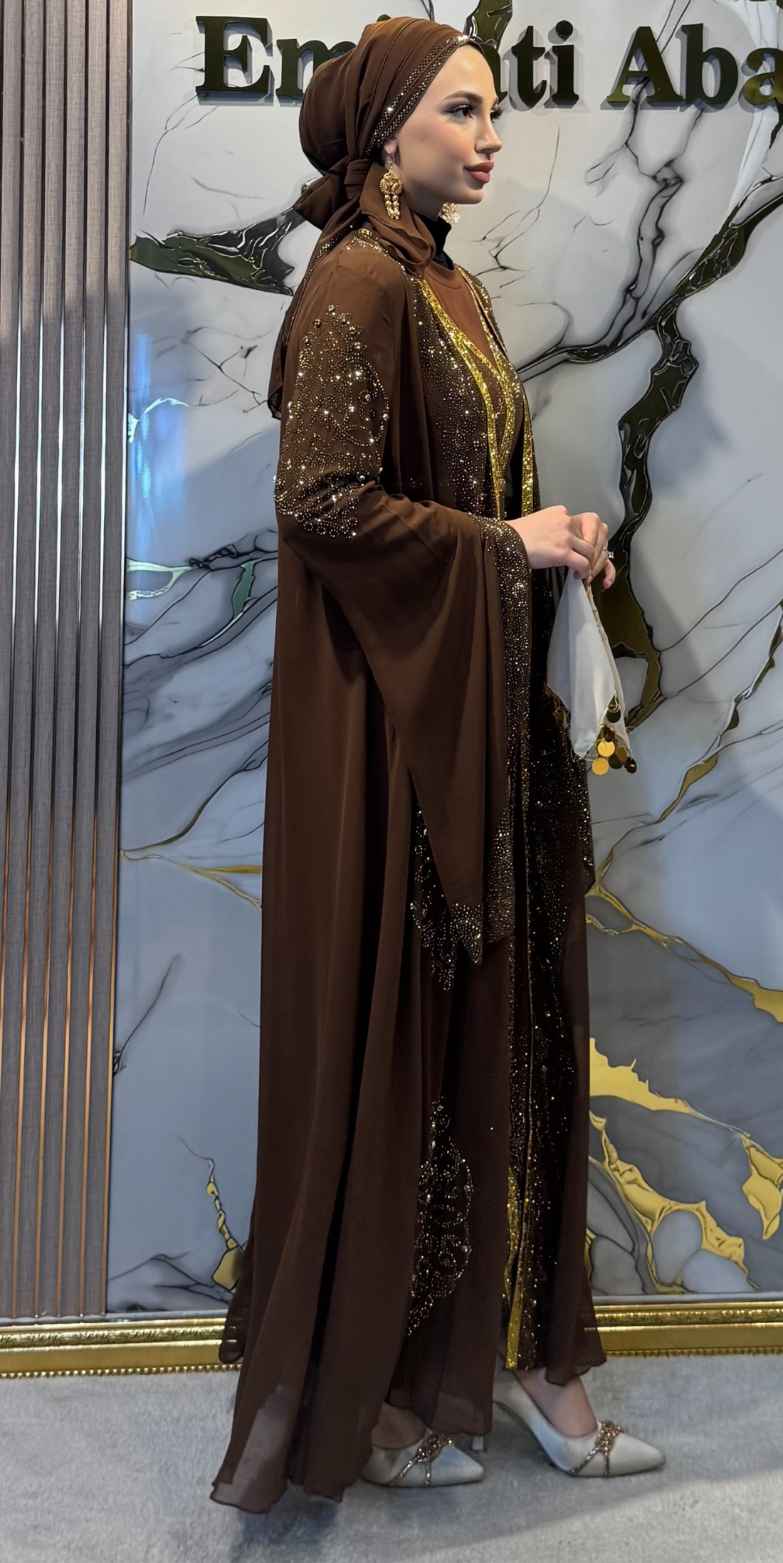 Starlit Noir Gold Stoned Brown Local Abaya