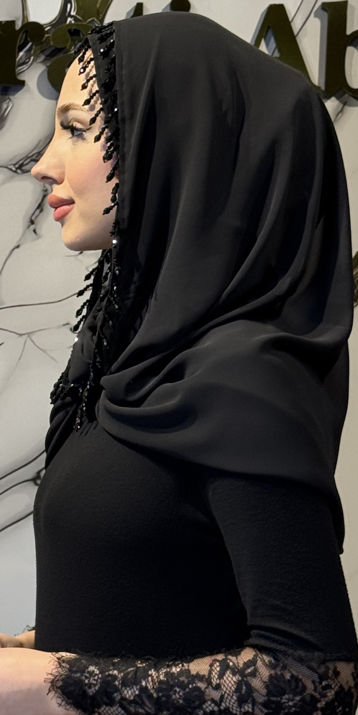 Püsküllü Boncuk Detaylı Siyah Şifon Şal 180x75cm - Zarif Sarkıt Model