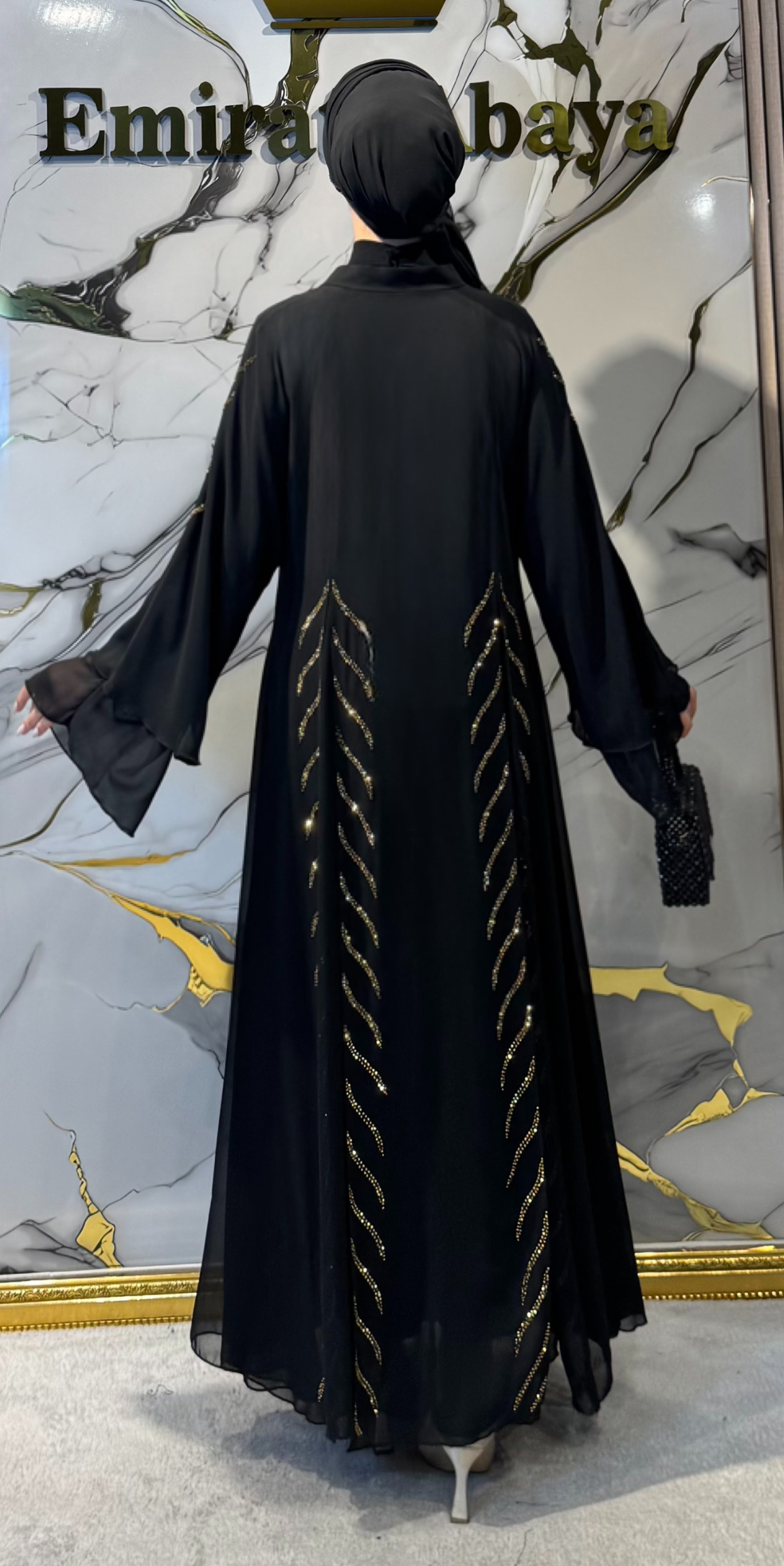 Black Abaya with Front Slit and Gold Embellishments - Elegant Chiffon Model TM06 GSB TICK