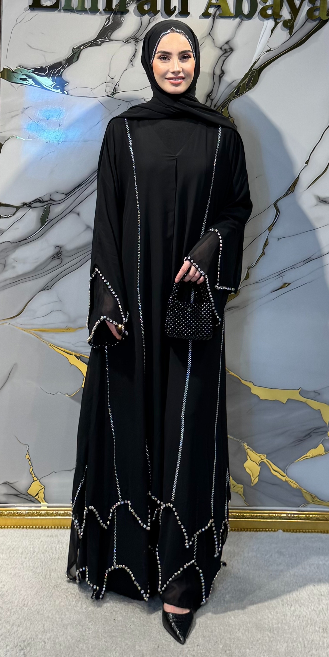Kristal Taşlı Siyah Zikzak Şifon Abaya - Swarovski Gümüş Şeritli Model TM24 CWSB