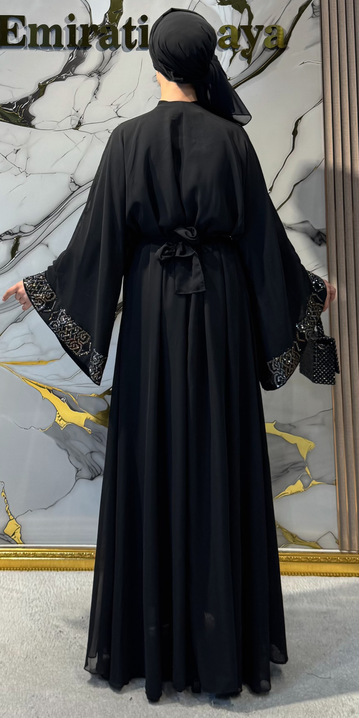 Elegant Black Abaya with Gold Stones on the Front TM040 - 3-Piece Set (Includes Shawl and Undershirt)