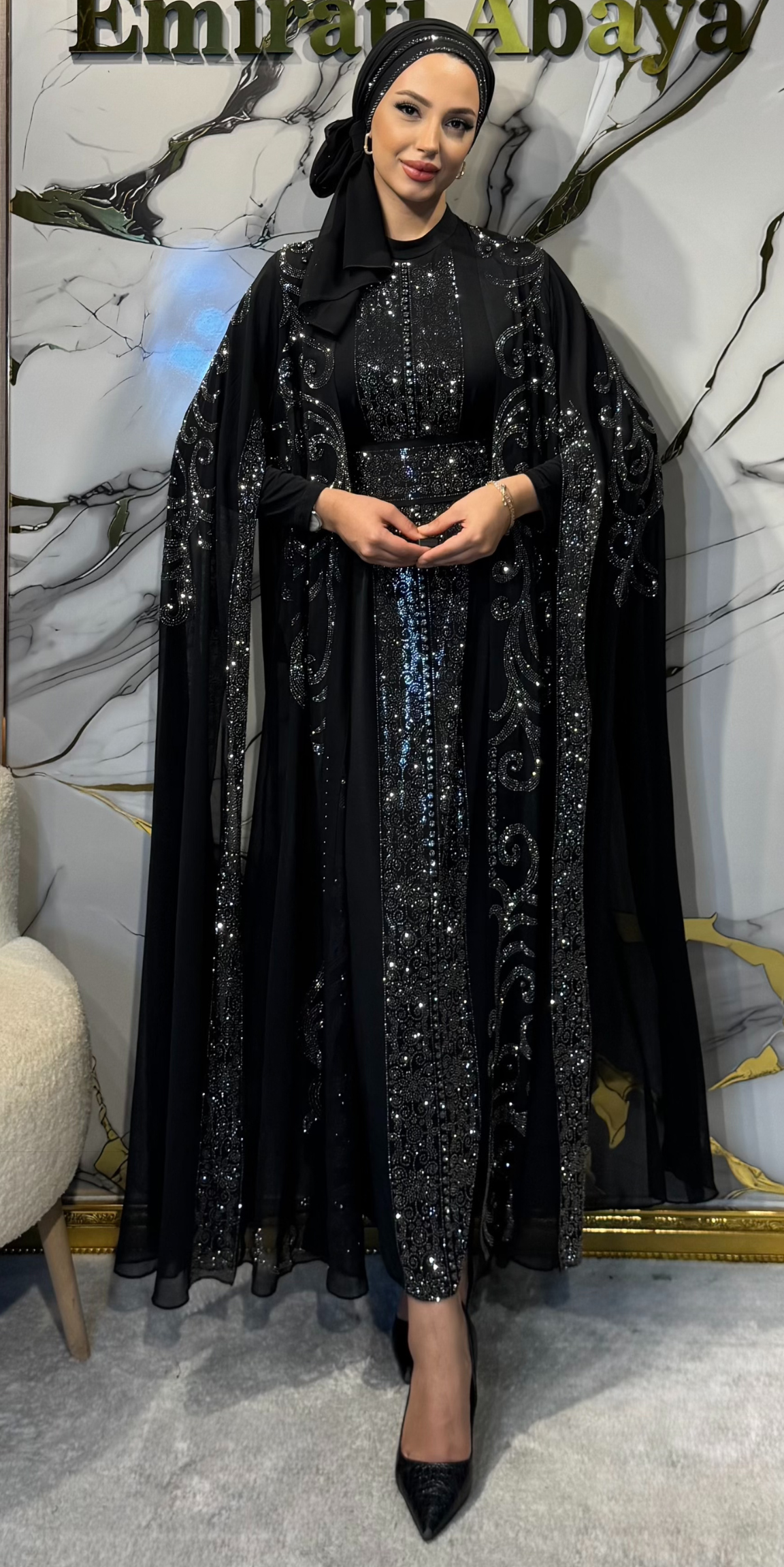 Lüks Hematit Taşlı Cape Kollu Siyah Şifon Yöresel Takım 4 Parça