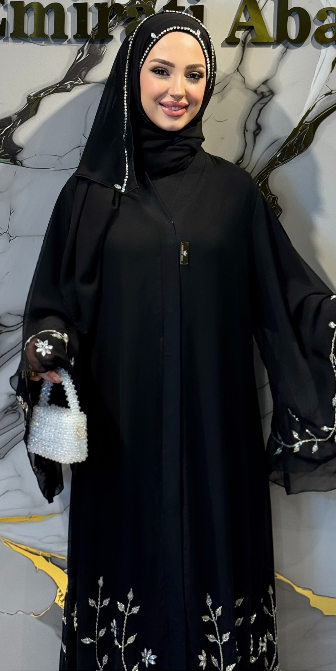 El İşlemeli Taşlı Siyah Şifon Abaya – Şal Hediyeli | EF0035 WSB