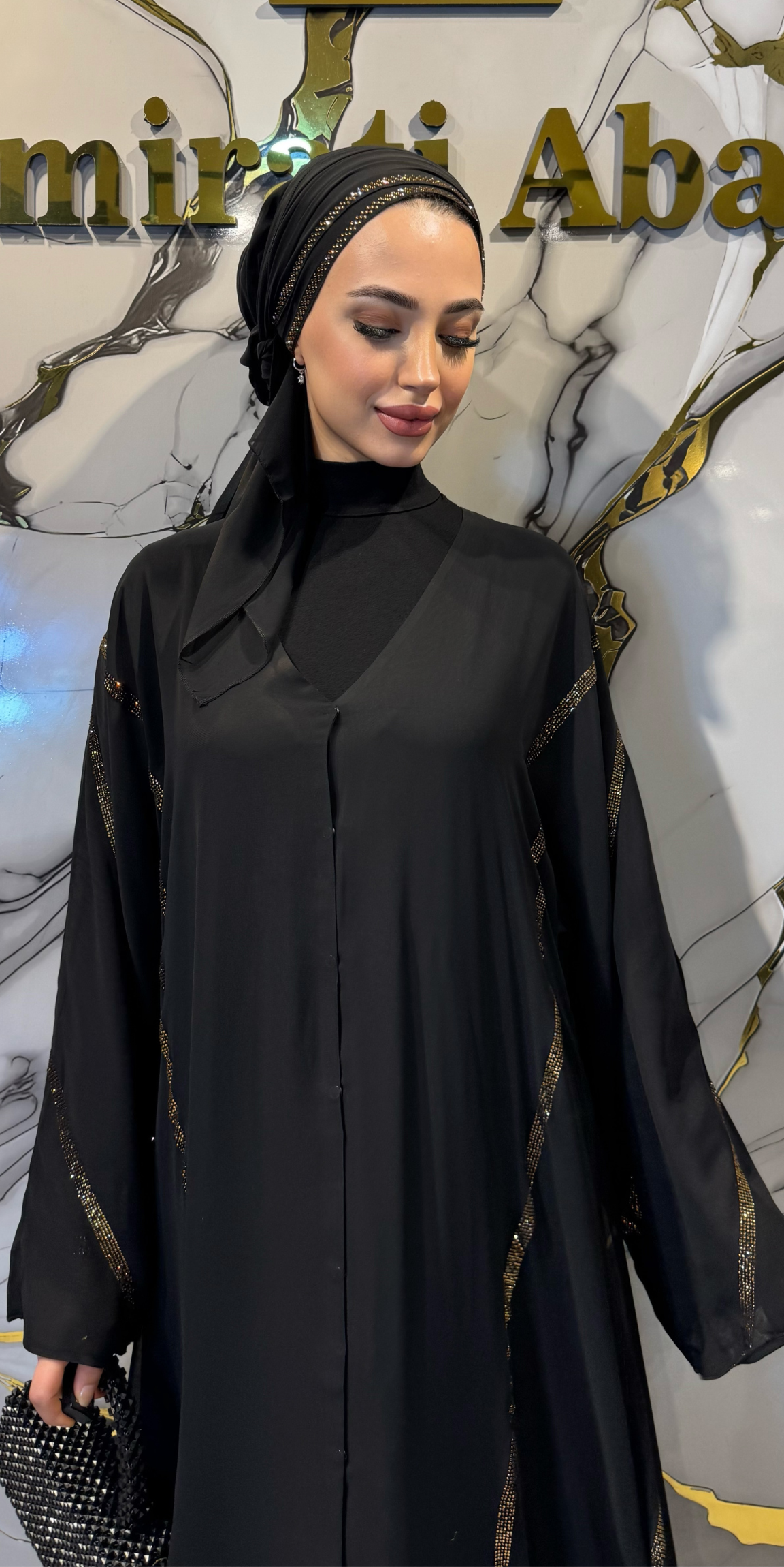 Lüks Altın Swarovski Taşlı Siyah Kore Şifon Abaya | TM42 GSB