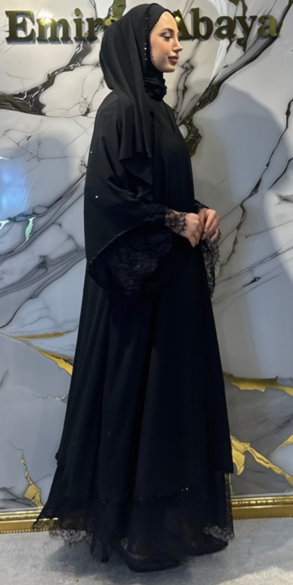 Tül Detaylı Siyah Mikro Taş Abaya Şal Dahil | LY06 BSB