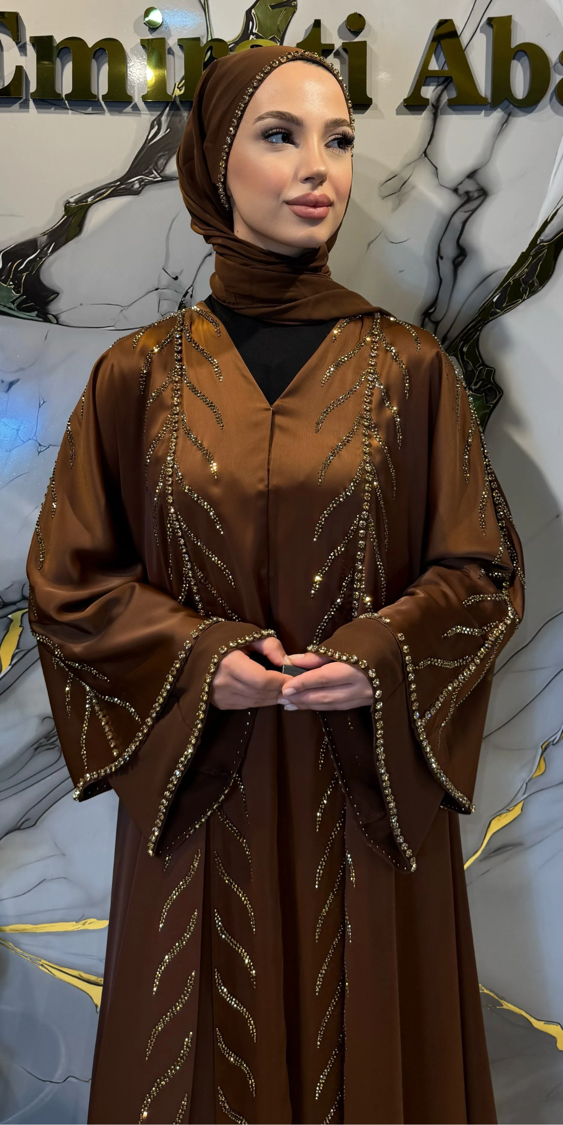 Zara Royal Gold Branched Front Slit Satin and Chiffon Abaya | LY41 GSK