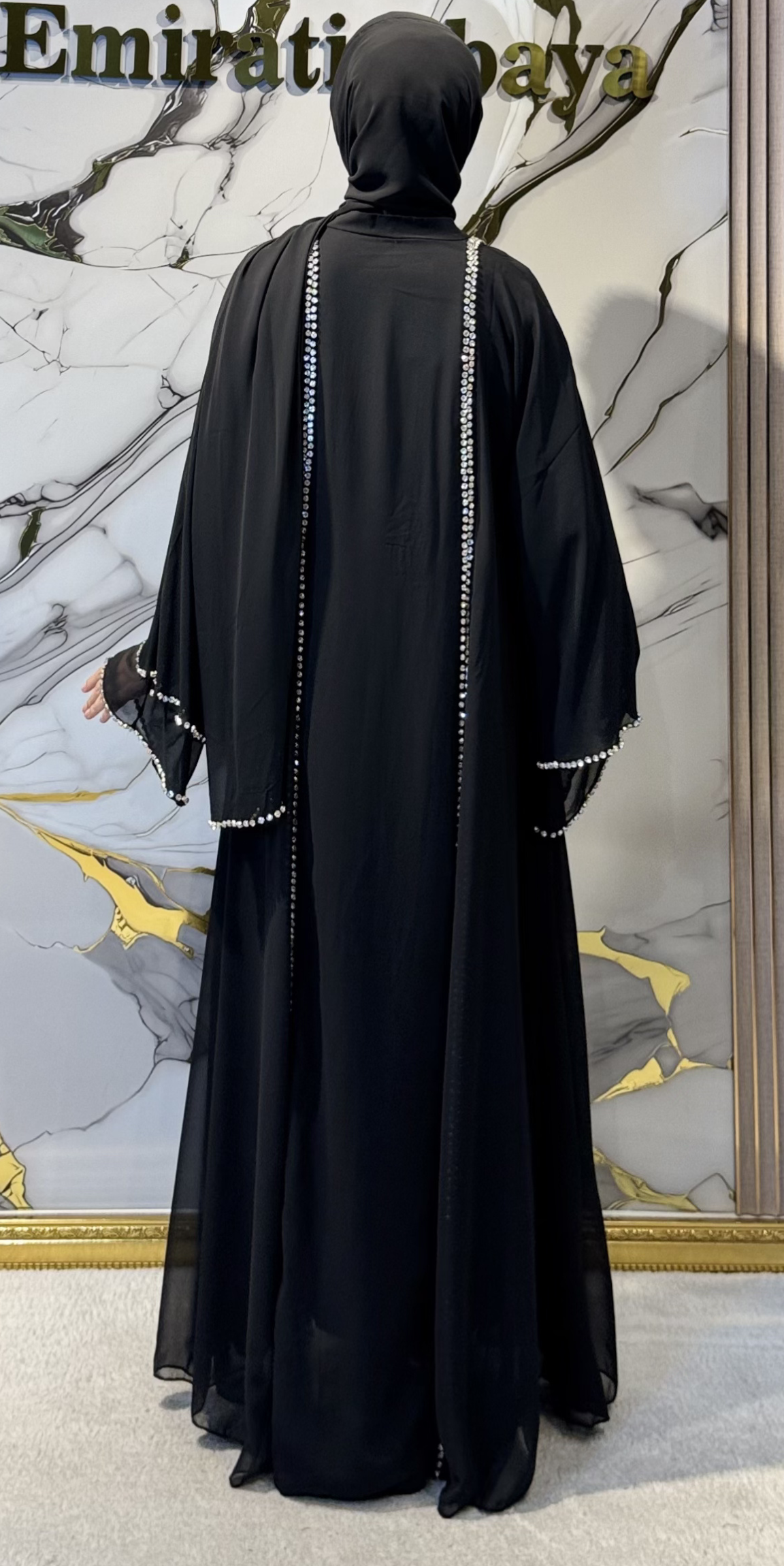 Front Slit Chiffon Abaya with Crystal Embellishments - Elegant Luxury Model TM06 C WSB